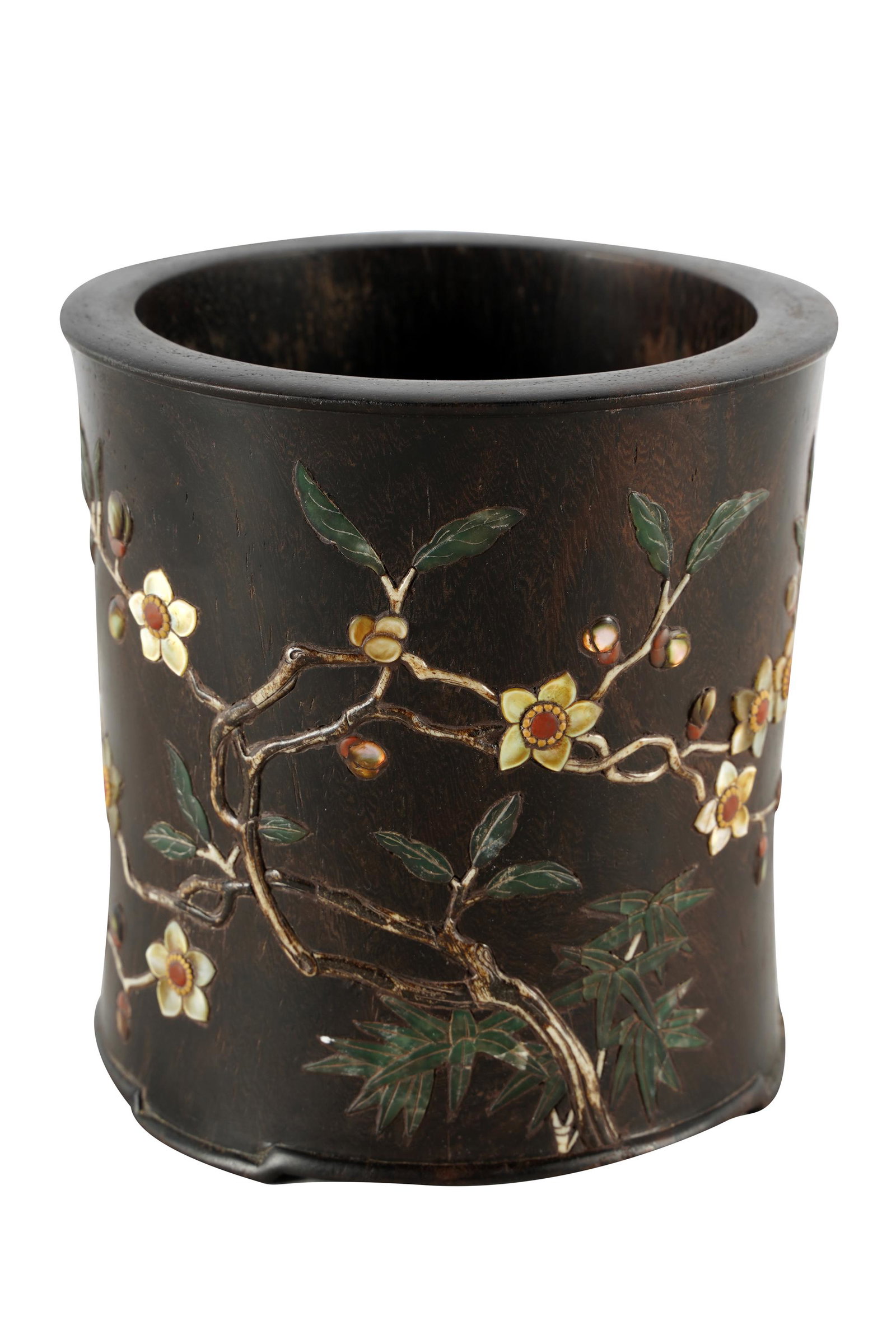 CHINESE CARVED HARDWOOD BRUSH POT: inlaid with semi-precious stones in a floral motif 4 3/4 inches wide; 4 7/8 inches high