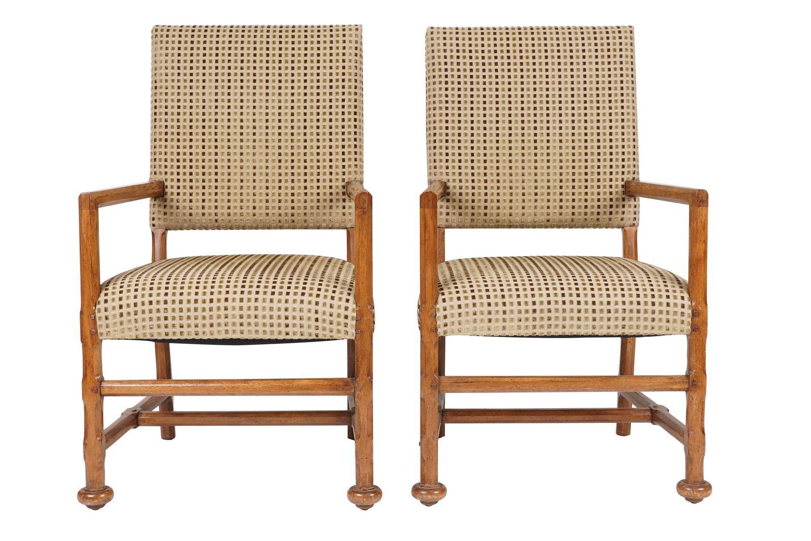 PAIR OF DESSIN FOURNIR FRUITWOOD ARMCHAIRS: with manufacturer's label; covered with grid-patterned tan and brown fabric Condition: good; scattered light marks and scuffs. Fabric clean and usable. 24 inches wide; 42 inches high; seat height: 19 