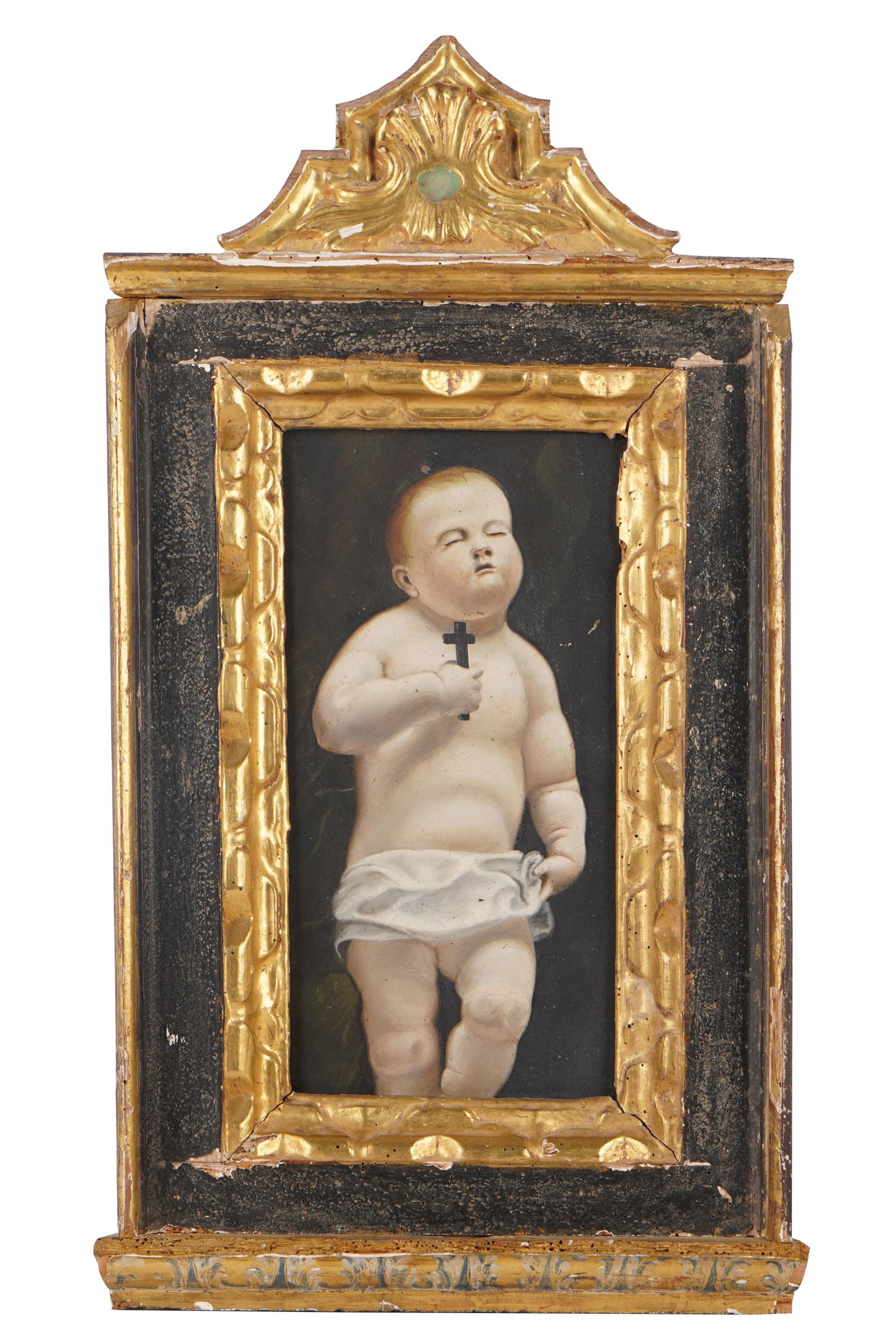 COLONIAL SCHOOL RETABLO: oil on tin, depicting infant Saint John, in a carved, gilt and painted wood frame Condition heavy wear to paint and gilding. Losses to timber. Joint separation. Insect holes. Marks and abrasions to pa