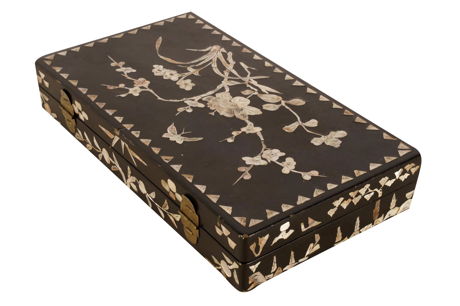 MOTHER OF PEARL-INLAID & LACQUERED BOX: with Michael Davis sticker to underside 12 1/2 inches wide; 6 3/4 inches deep; 2 1/4 inches high