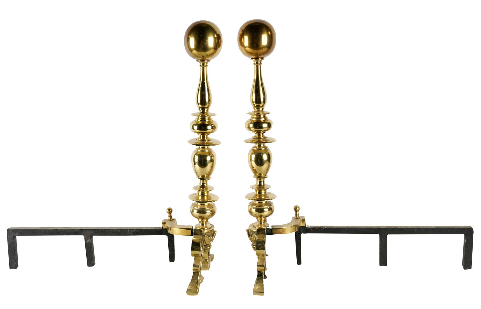 PAIR OF CANNONBALL ANDIRONS: with brass finish 10 1/2 inches wide; 26 inches deep; 28 inches high