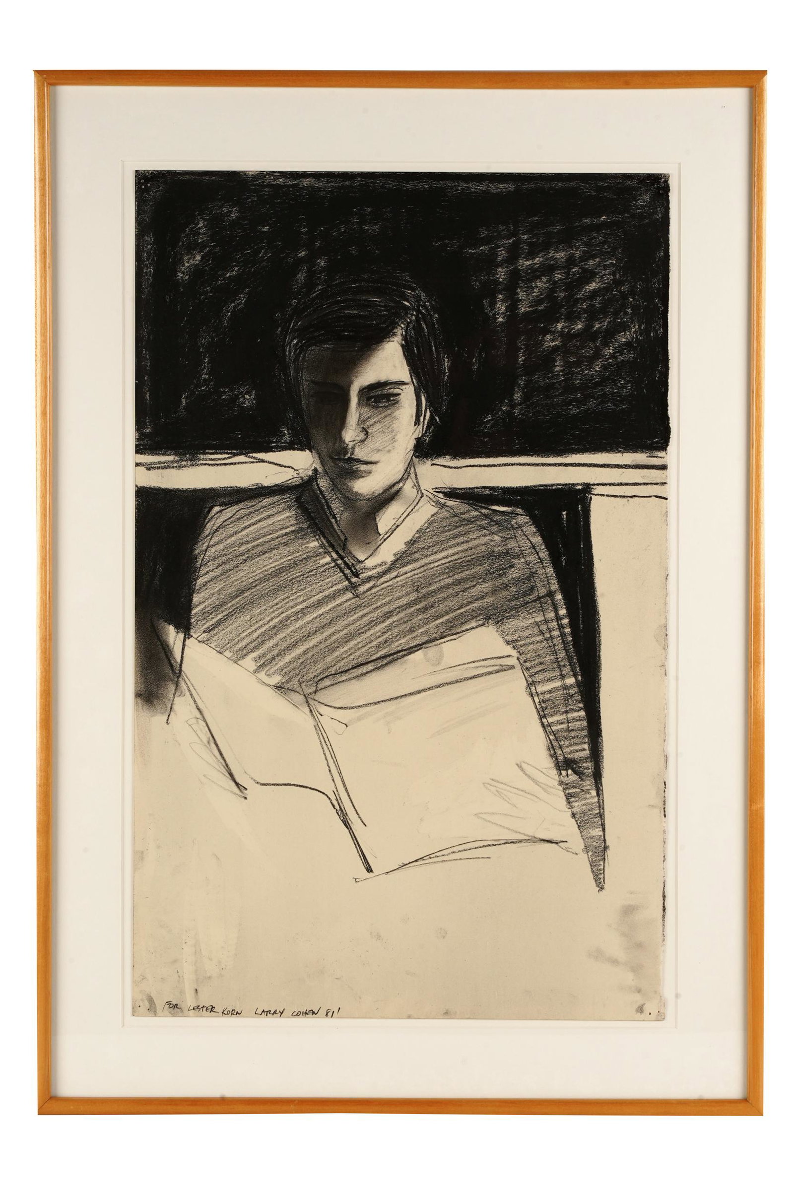 LARRY COHEN (B. 1952): PORTRAIT OF LESTER KORN: 1981, charcoal on paper; signed and dated lower left, inscribed lower left "For Lester Korn"; signed, dated and titled to "Certificate of Authenticity" label verso Condition: framed under Plexiglas. 2