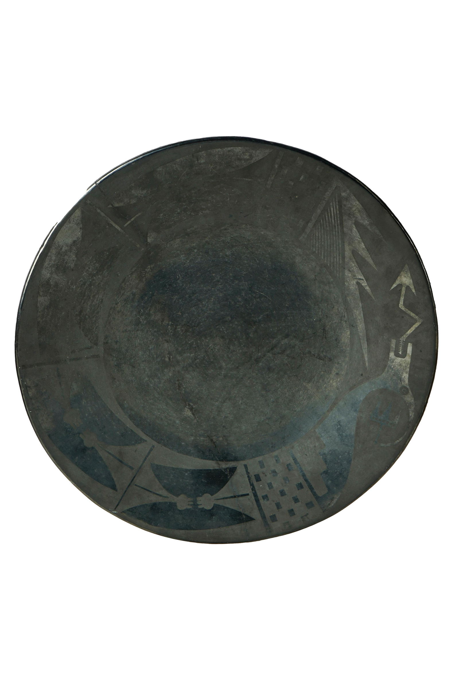 MARIE & JULIAN SAN ILDEFONSO BLACKWARE CHARGER: signed "Marie & Julian" to underside Provenance: The Estate of Valerie Franklin Condition: a repair with visible crack spanning from rim to rim 14 1/4 inches diameter