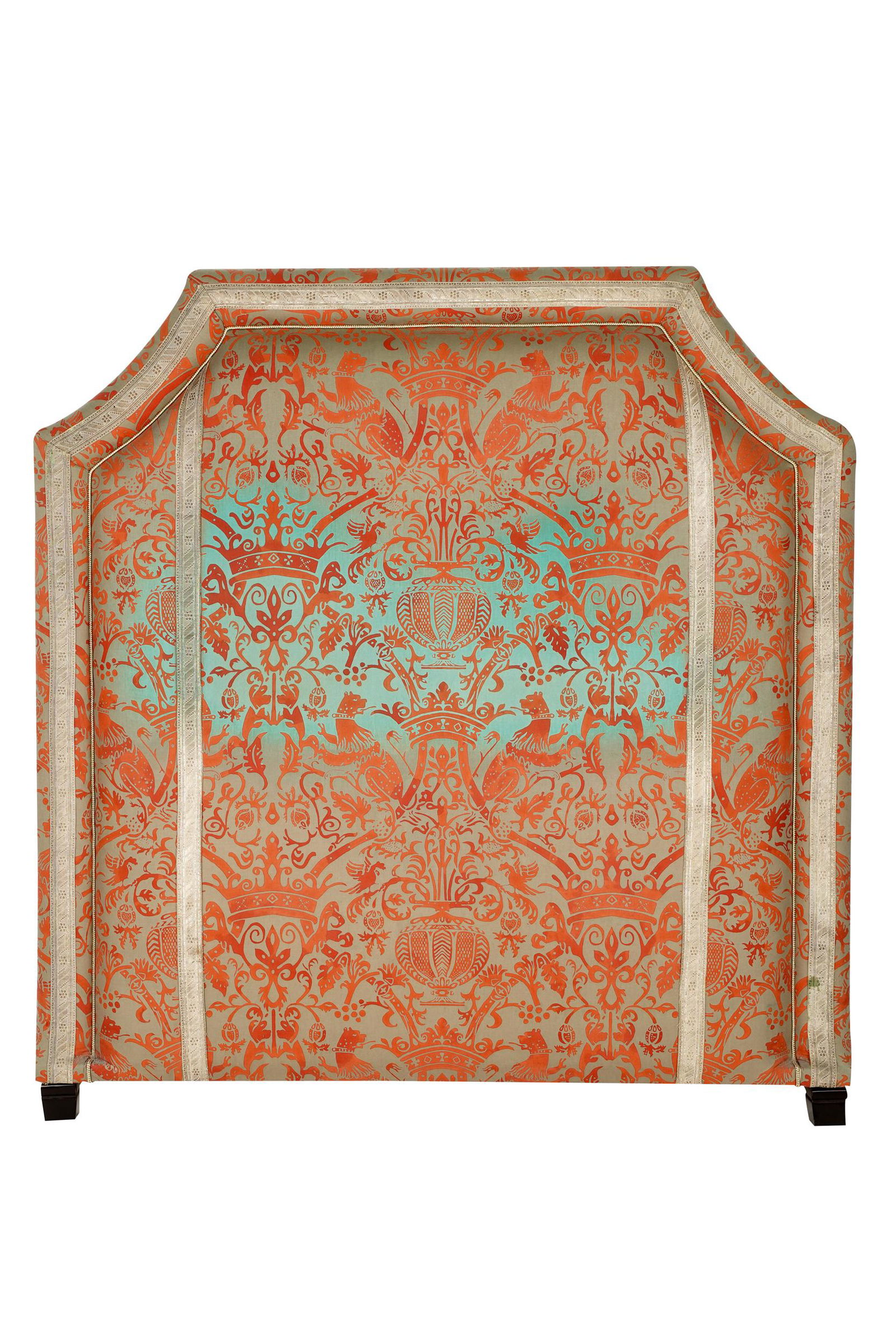 FORTUNY FABRIC-UPHOLSTERED HEADBOARD: with silver metallic trim; the back covered with white canvas 58 inches wide; 2 inches deep; 61 inches high