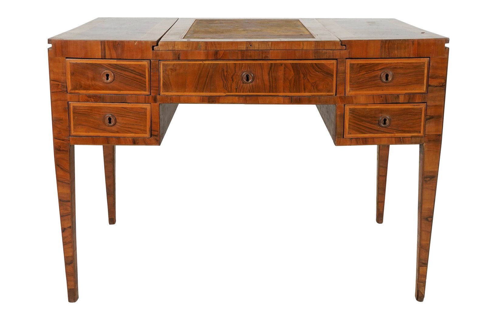 ITALIAN NEOCLASSIC WALNUT & PARQUETRY VANITY: Condition: with heavy losses and wear to top. The entire central section of top missing the veneer. A 19 inch-long crack across top. Lifting, discoloration, and losses to veneer throughout. No key. 47