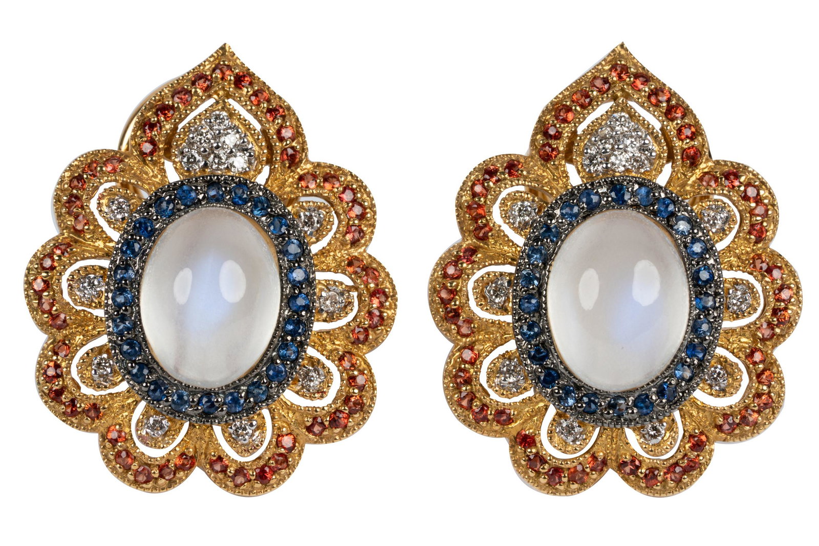 PAIR OF 18 KARAT YELLOW GOLD, MOONSTONE, & SAPPHIRE: containing two oval cabochon moonstones weighing approximately 3.80 carats total; 28 full cut diamonds [H-I/VS] weighing approximately 0.14 carats; 48 round cut blue sapphires weighing approximately 0