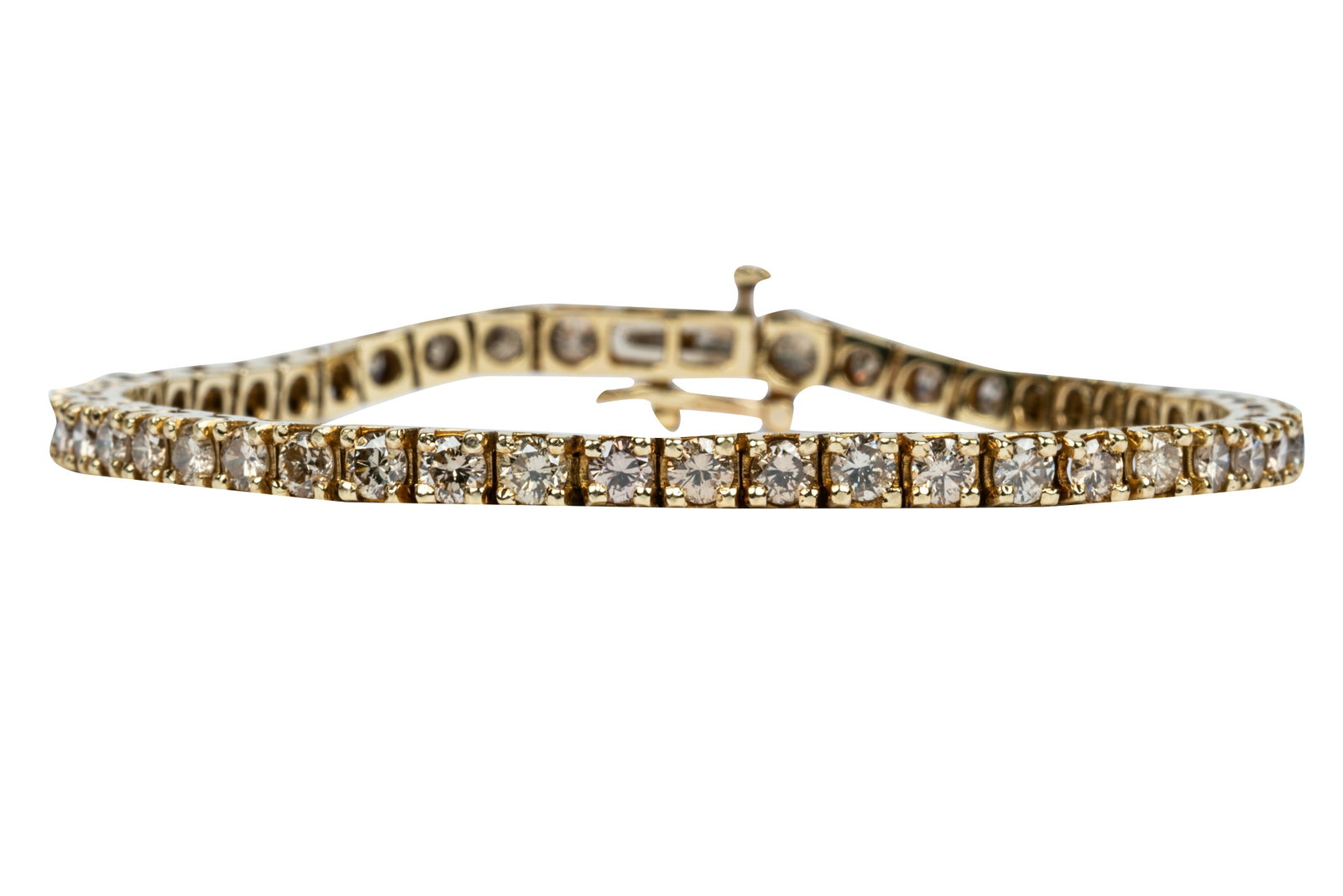 14 KARAT YELLOW GOLD & DIAMOND TENNIS BRACELET: containing 50 full cut diamonds [P-Q-R-Light Brown/I2] weighing approximately 5.00 carats total 12.3 grams 7 inches long