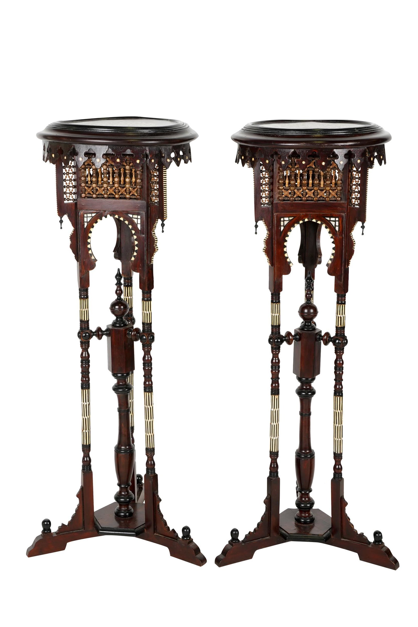 PAIR OF MOORISH STYLE INLAID PEDESTALS: late 20th / early 21st century each 17 inches diameter; 48 inches high