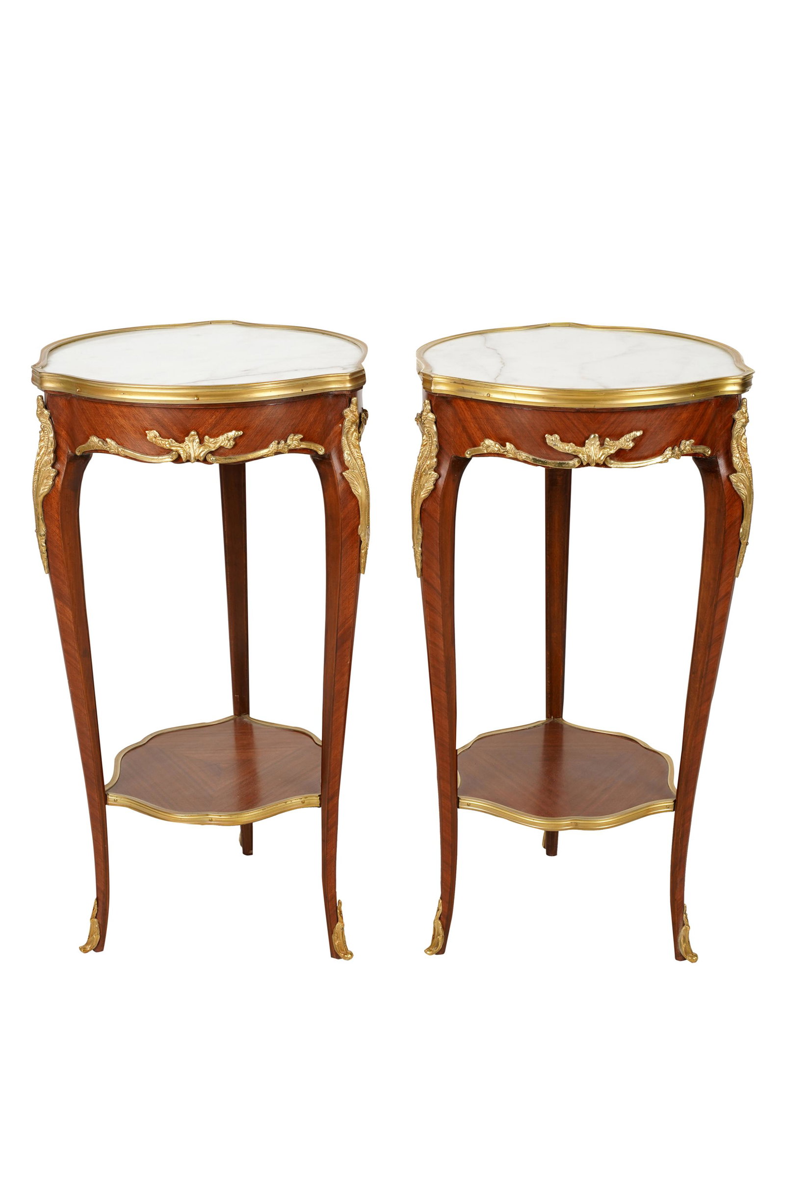 PAIR OF GILT BRONZE-MOUNTED GUERIDONS: 20th century, each with marble-inset top 16 inches wide; 29 7/8 inches high