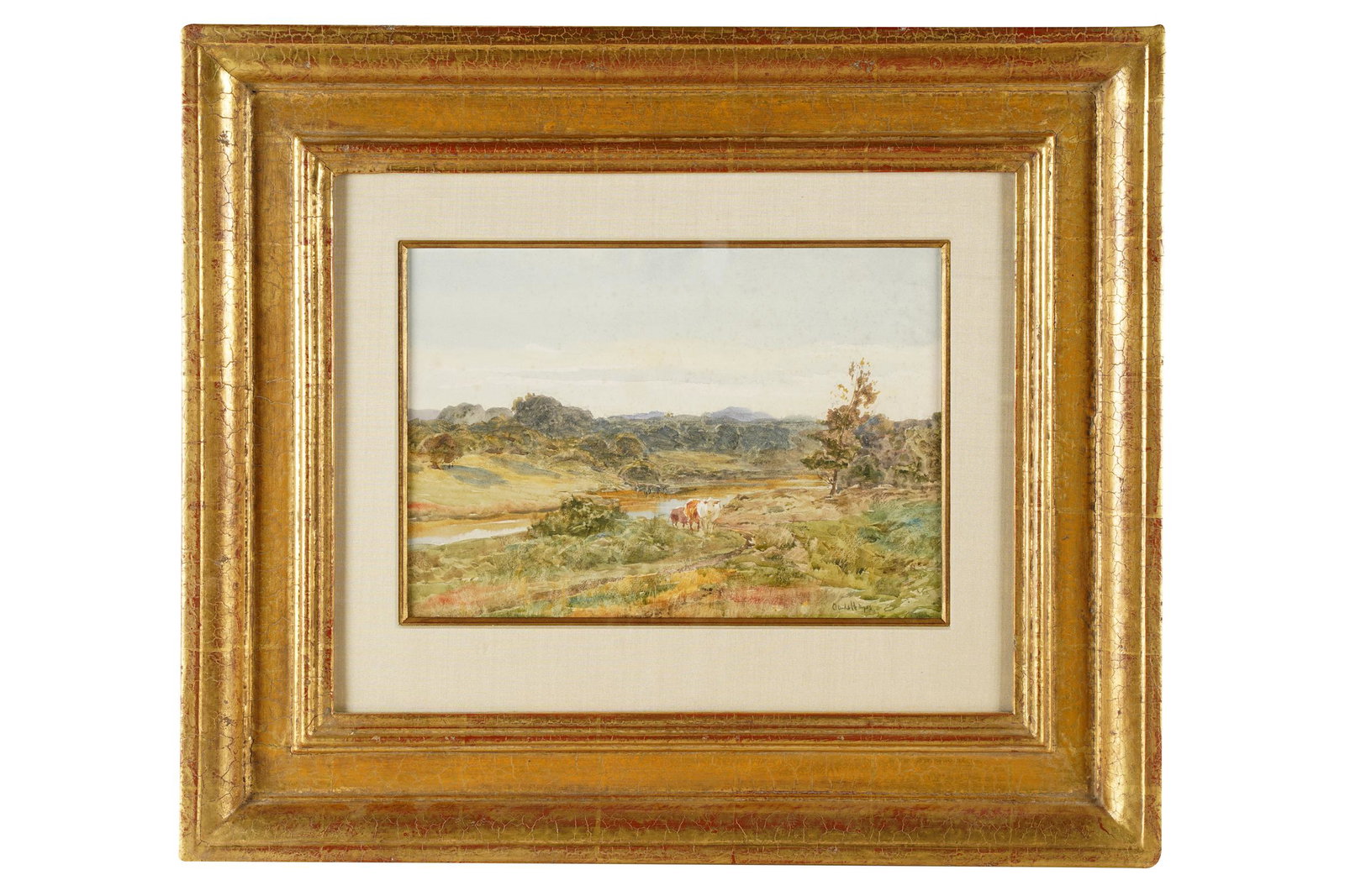 CLAUDE HAYES (1852 - 1922): PASTORAL LANDSCAPE: watercolor on paper signed lower right 9 x 12 inches sight; 19 1/2 x 22 1/2 inches frame