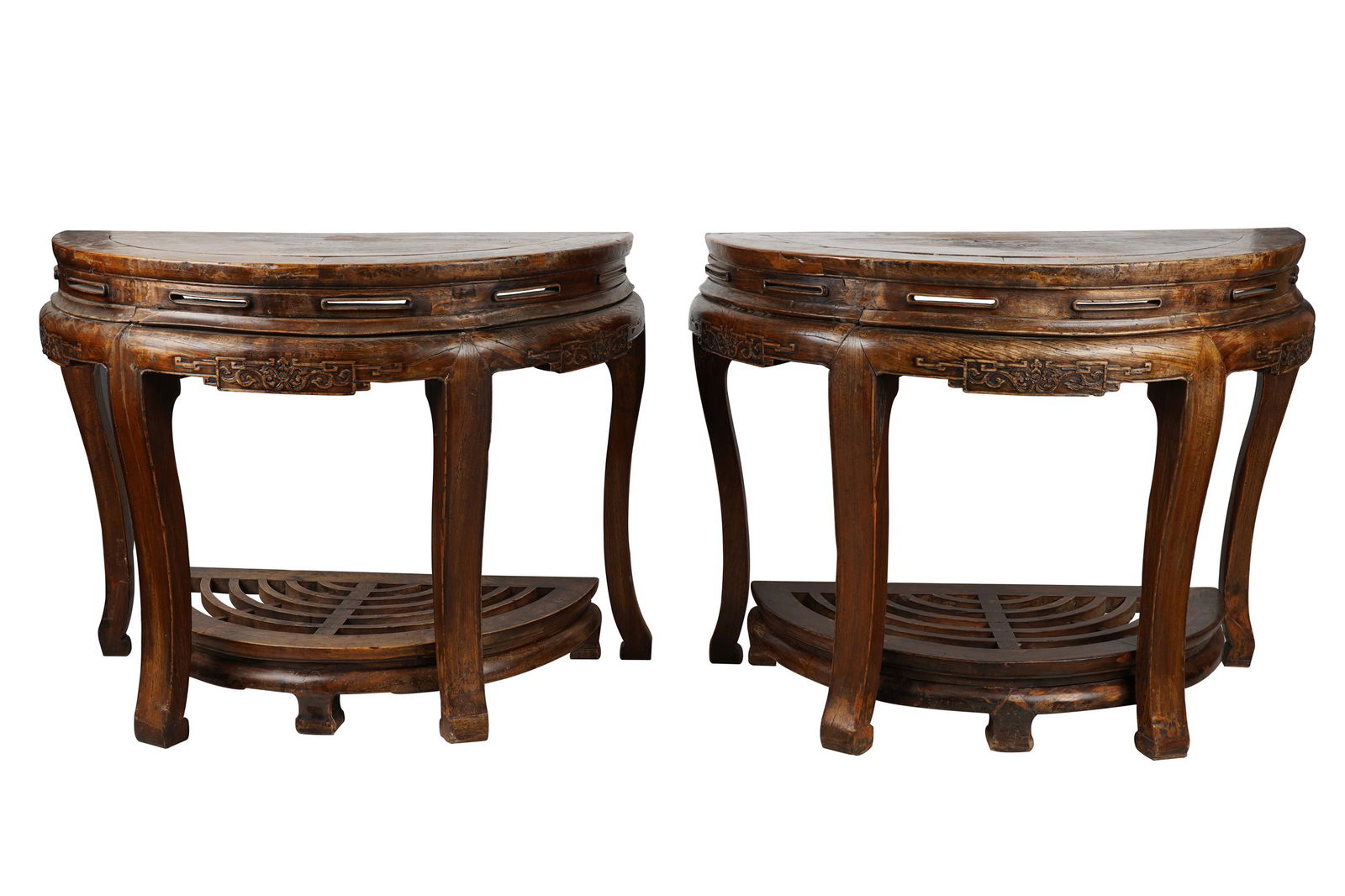 PAIR OF CHINESE ELM DEMILUNE CONSOLE TABLES (1 of 12)
