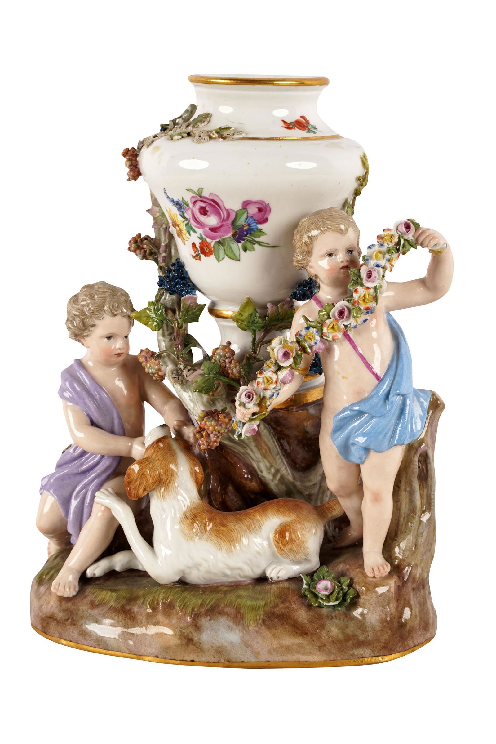 MEISSEN PORCELAIN FIGURAL GROUP WITH DOG: underglaze blue crossed swords mark Condition: with chips to flowers 6 1/2 inches wide; 8 1/4 inches high