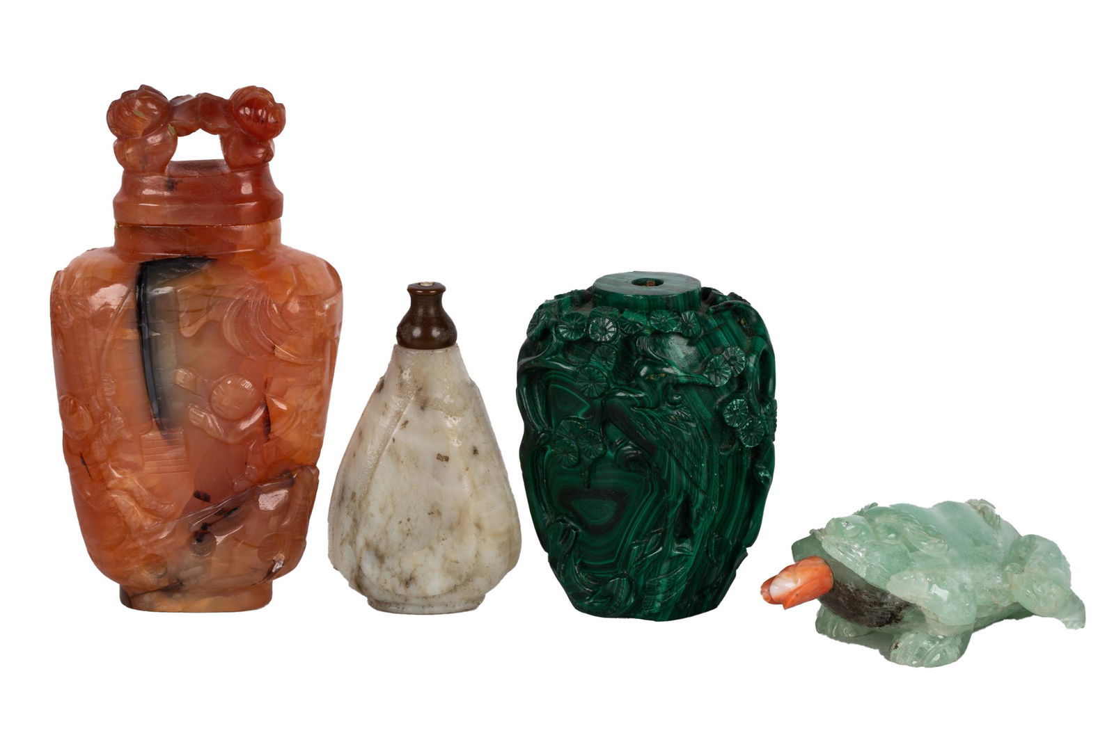 FOUR CHINESE JADE & HARDSTONE SNUFF BOTTLES (1 of 16)