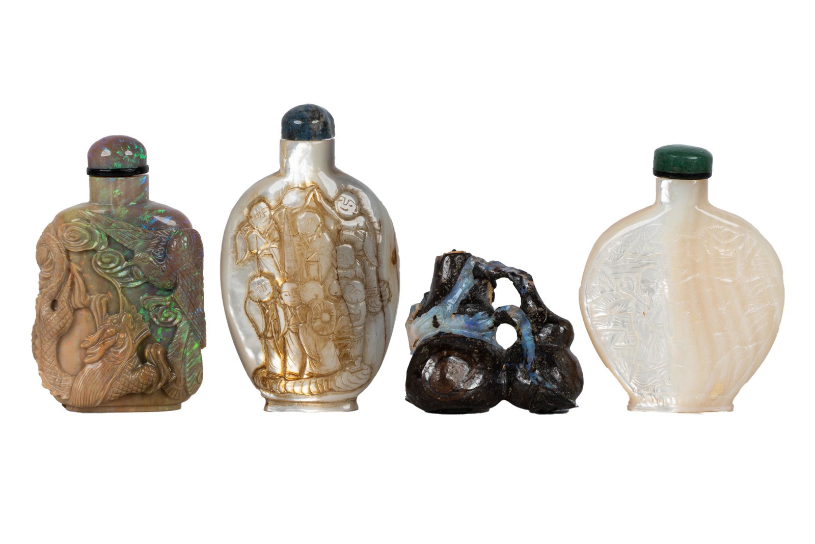 FOUR OPAL & MOTHER OF PEARL SNUFF BOTTLES: Provenance: The Estate of Dr. Leon and Arlene Harris, 100% of proceeds to benefit UCLA Cotsen Institute of Archaeology Condition: the smaller opal bottle missing top the tallest: 3 1/8 inches high