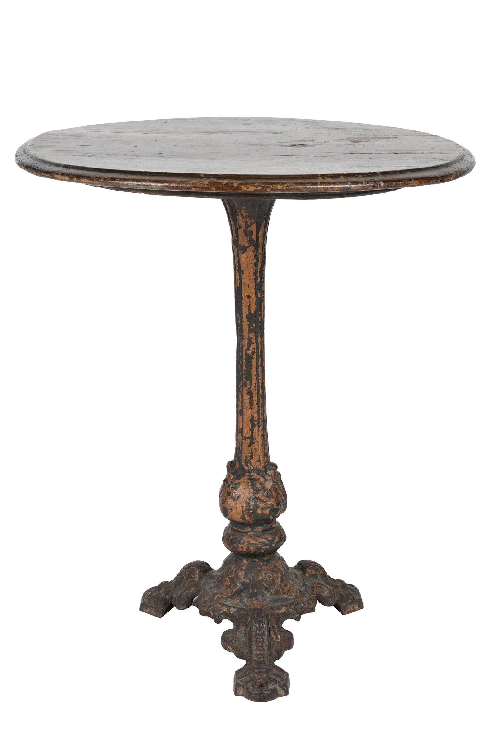 IRON TRIPOD BASE PUB TABLE: with a circular wood top 23 inches diameter; 29 inches high