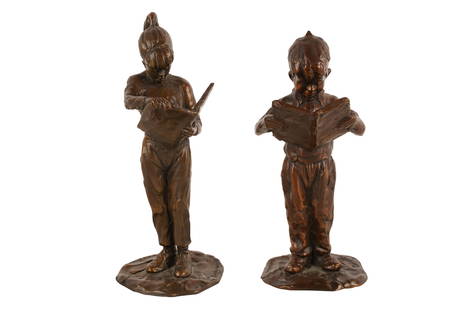 GARY PRICE (B. 1955): TWO FIGURES: 1994 and 1995, bronze, the figure of the boy inscribed in casting 'Bookwork, Gary Price, 94, #125'; the figure of the girl inscribed in casting' Bookwork II, Gary Price, 95, #91' the girl: 7 1/2 inche