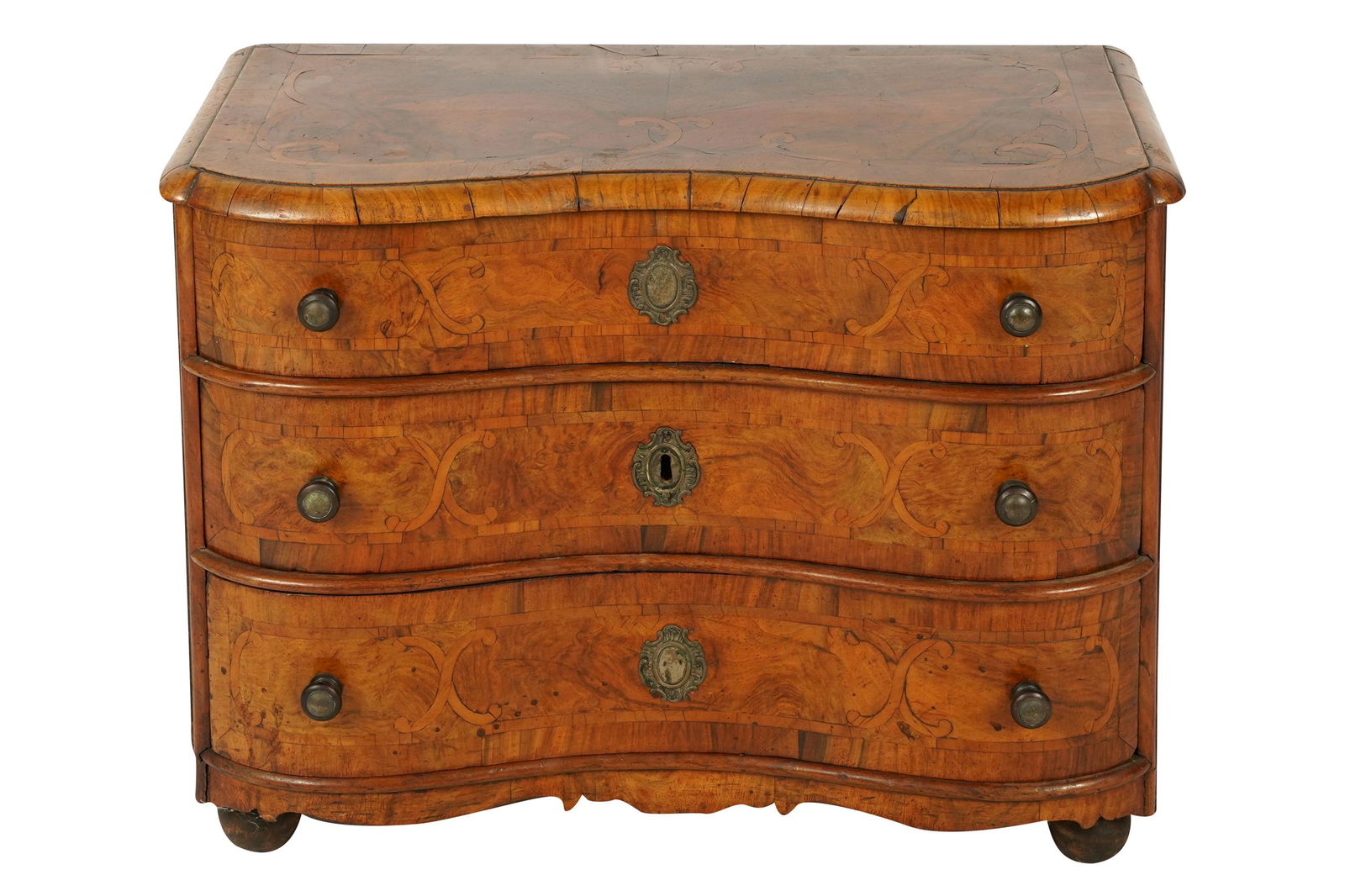 DIMINUTIVE CONTINENTAL WALNUT & MARQUETRY COMMODE (1 of 8)