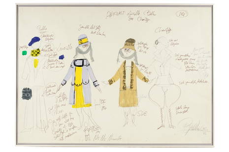 BJORN WIINBLAD (1918 - 2006): "ARRIVAL OF LUCILLE": from the play "No-No-Nanette", Arhus Theatre, 1973, mixed media drawing on paper, signed and dated lower right Provenance: with label verso from Bjorn Wiinblad Hus 24 1/2 x 34 1/2 inches paper; 25 3/4