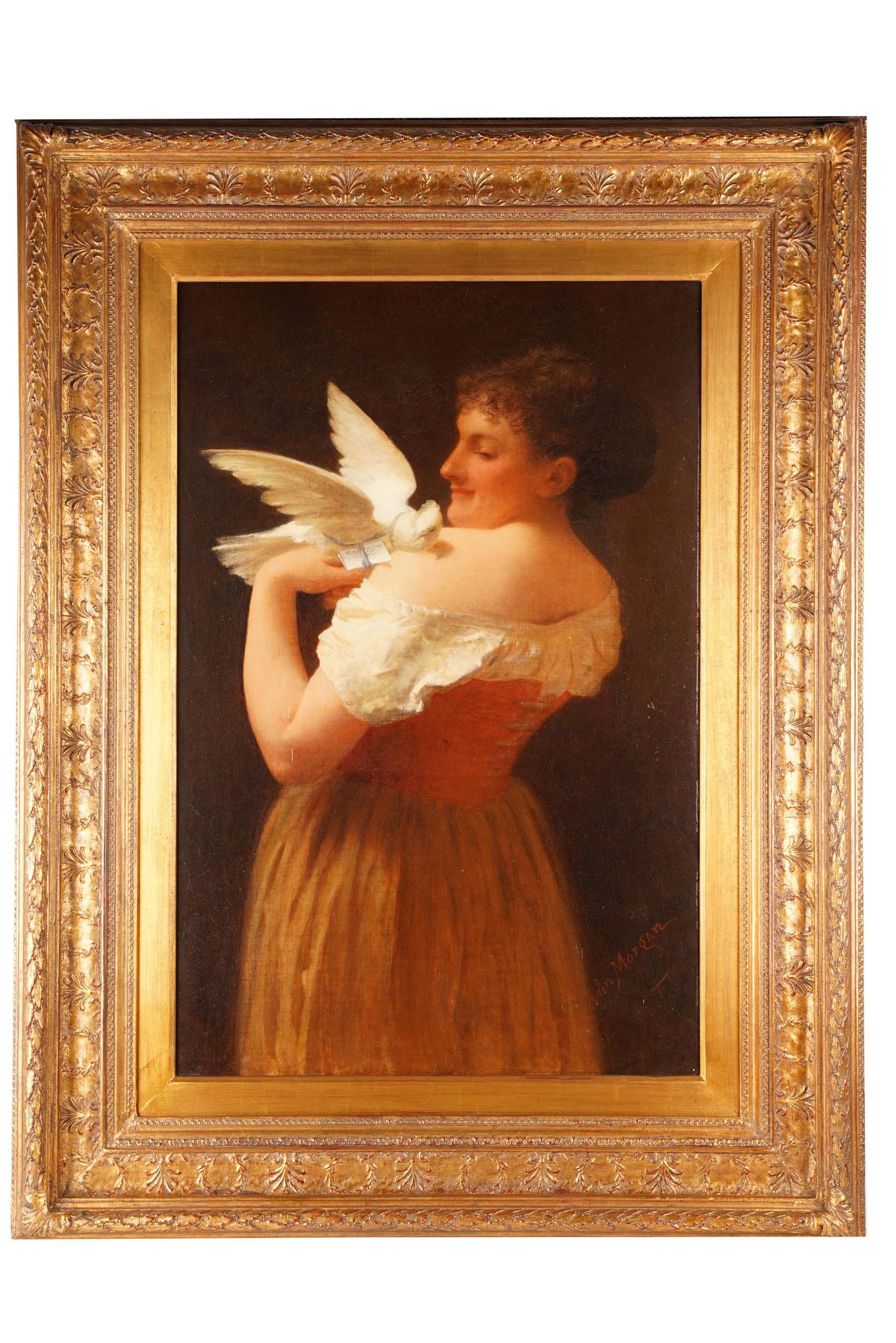 19TH CENTURY: WOMAN WITH DOVE: oil on canvas, signed "John Morgan" lower left 35 x 23 1/4 inches sight; 50 x 38 inches frame