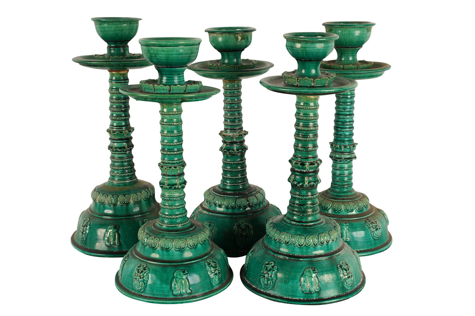 FIVE GREEN-GLAZED CERAMIC CANDLESTICKS (1 of 8)