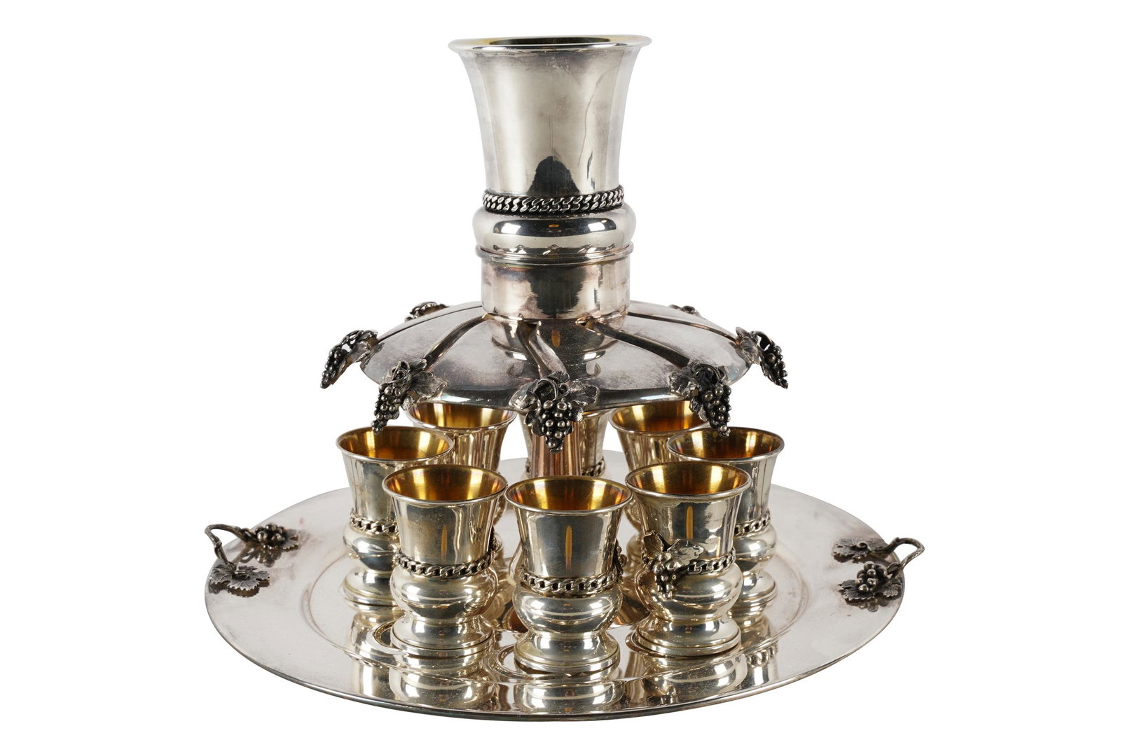 ISRAELI SILVER CUP SET: with one tray, one large cup, and eight small cups approximately 34 troy ounces total the tray: 11 1/2 inches wide