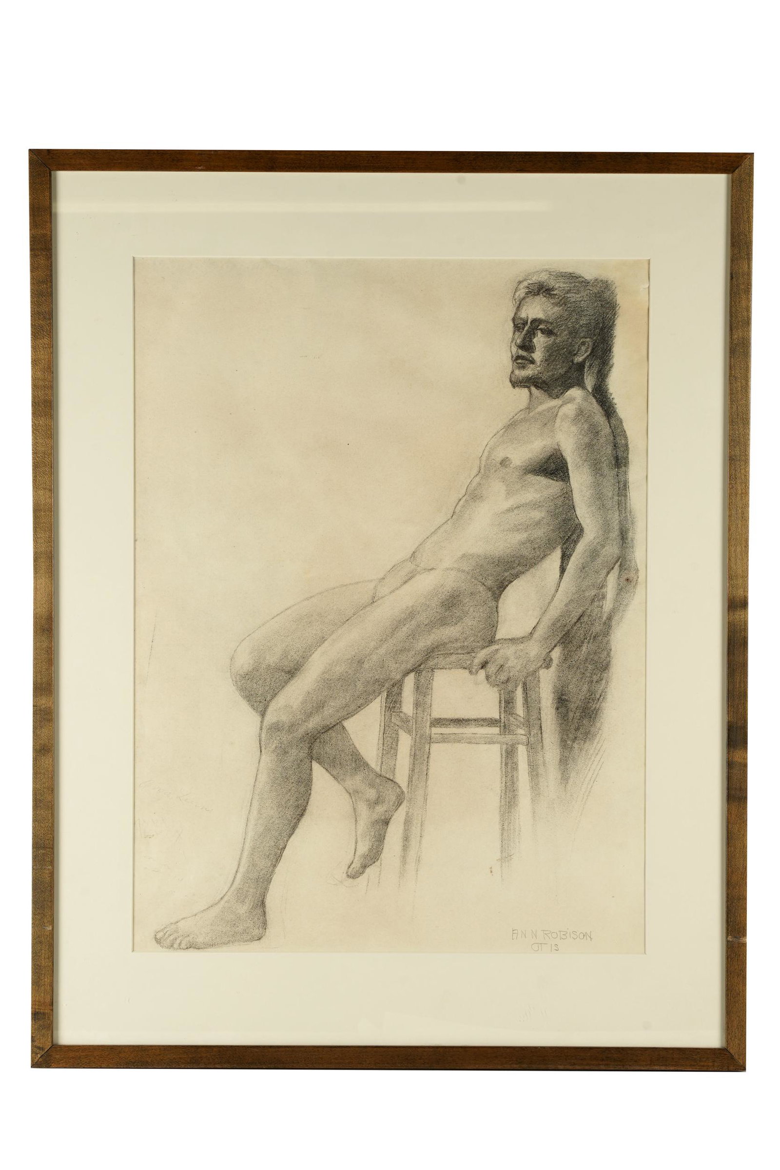 ANN ROBISON: SEATED MALE NUDE: pencil on paper, signed lower right 24 1/2 x 18 inches; 32 x 25 inches framed