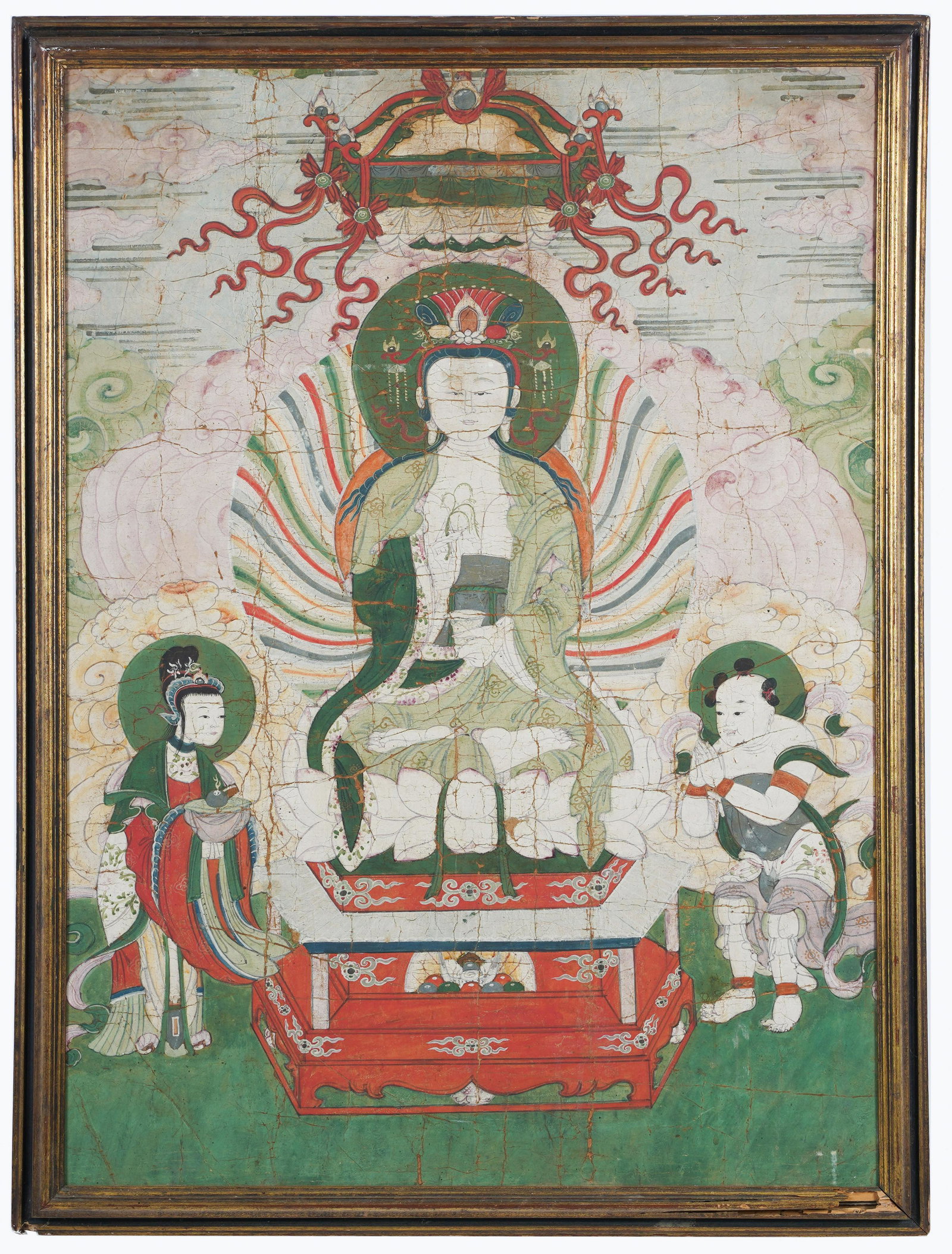 BUDDHIST PORTRAIT: Condition: with loss and wear throughout; with a cardboard box backing 34 x 25 inches; 37 1/4 x 27 3/4 inches framed