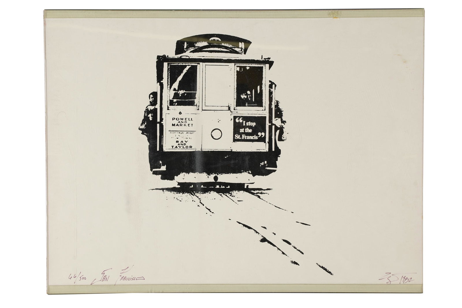SAN FRANCISCO TROLLEY CAR: 1982, lithograph, signed, titled and numbered 66/500 Provenance: The Estate of Dr. Leon and Arlene Harris, 100% of proceeds to benefit UCLA Cotsen Institute of Archaeology 18 x 24 inches