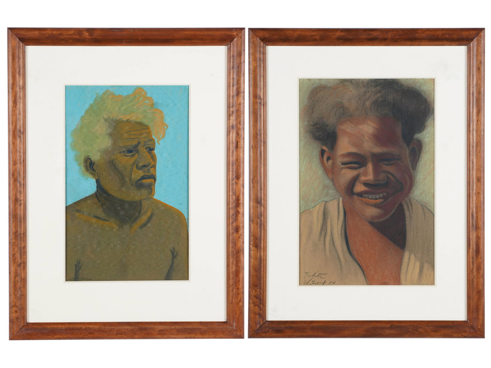 HAL WILCOX (1892-1982): TWO PORTRAITS: one acrylic and one gouache, each signed lower left Condition: with mold to interior of blue portrait under glass the larger (sight): 17 x 11 inches; each frame: 26 x 19 1/2 inches