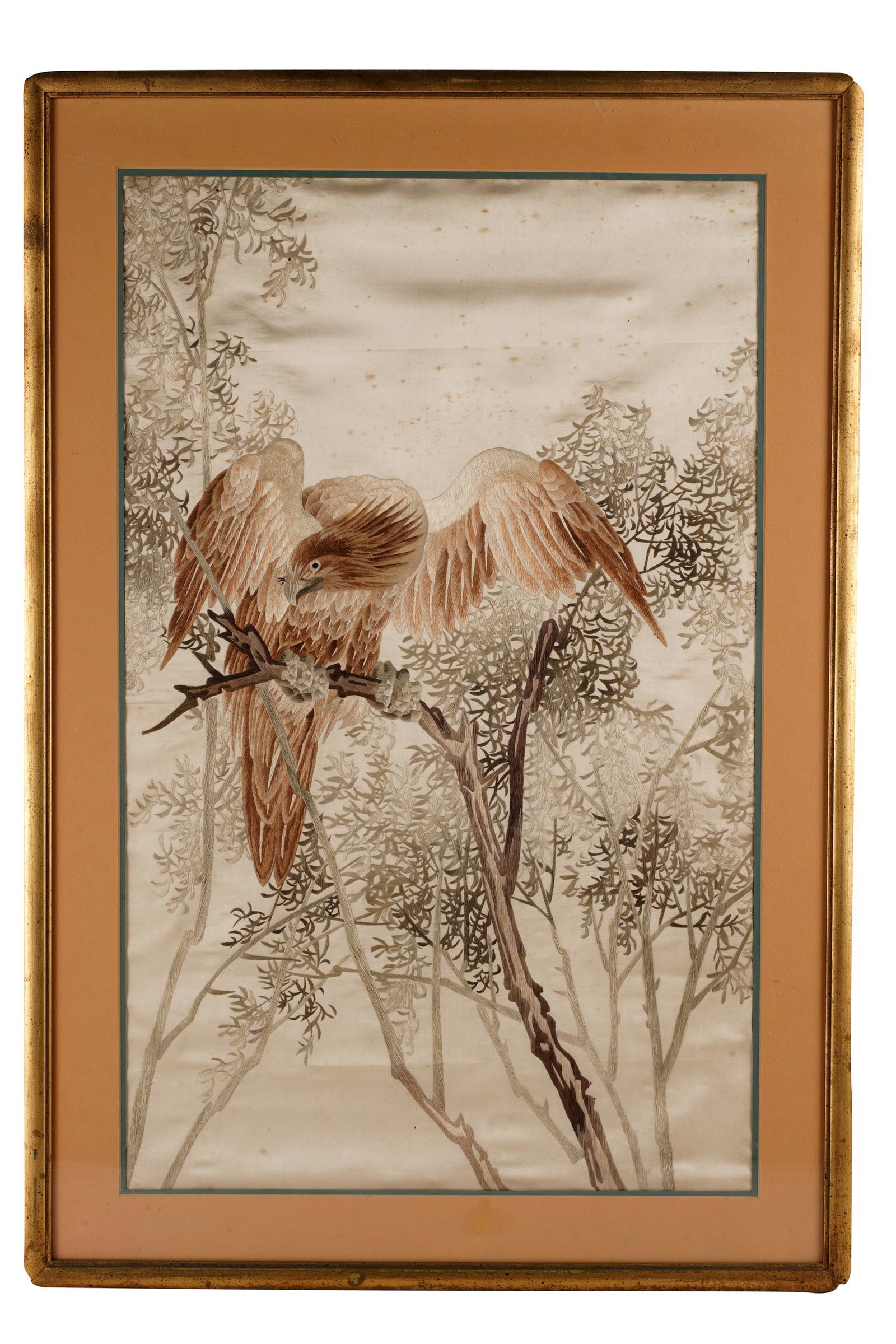 JAPANESE FALCON EMBROIDERY: Condition: with spotting to linen; loss to gilding on frame sight: 27 x 18; 33 x 23 inches framed