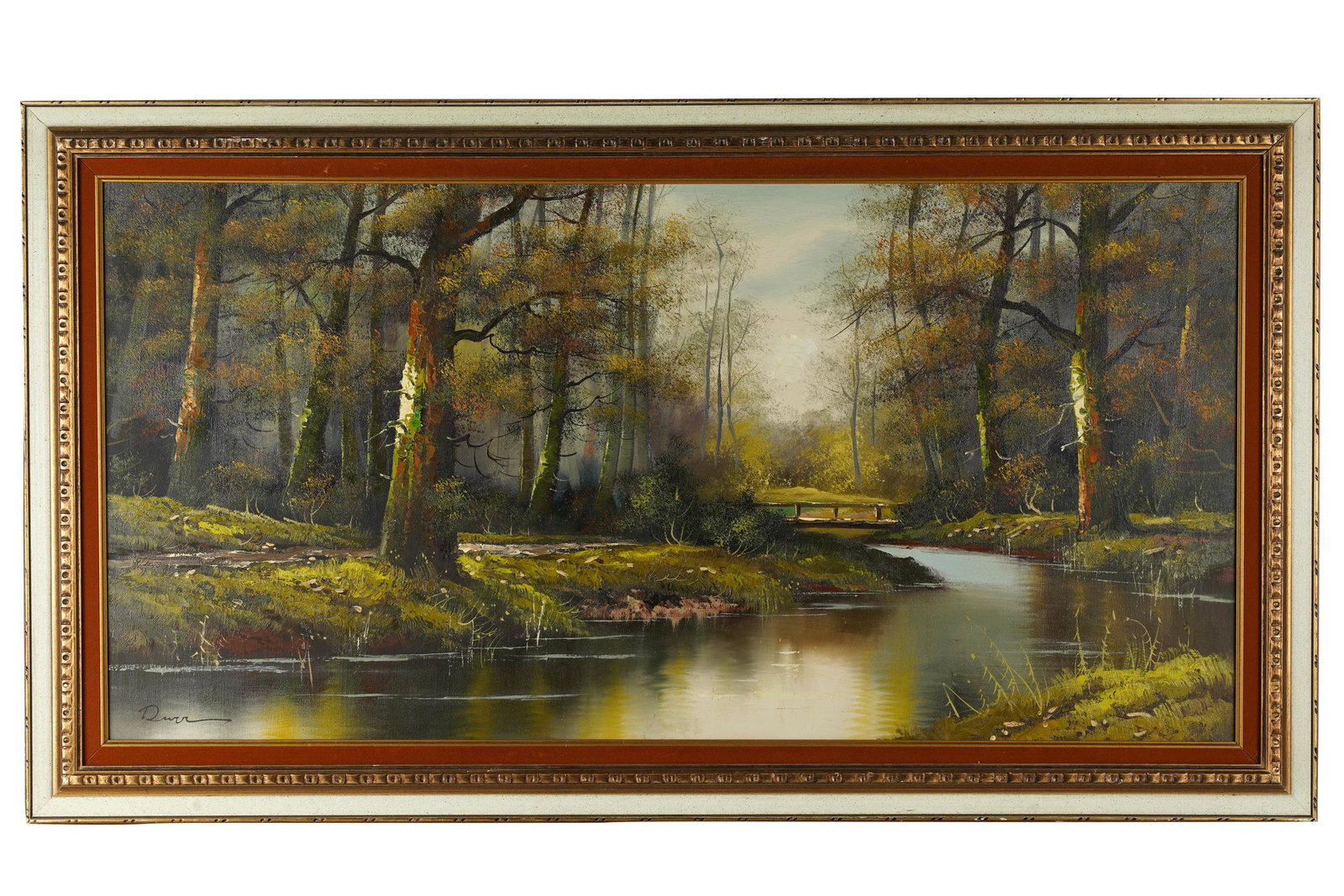 HANS DURR (1913-1993): FOREST LANDSCAPE: oil on canvas, signed lower left, with deteriorated paper label verso 24 x 48 inches; 30 1/2 x 54 inches framed