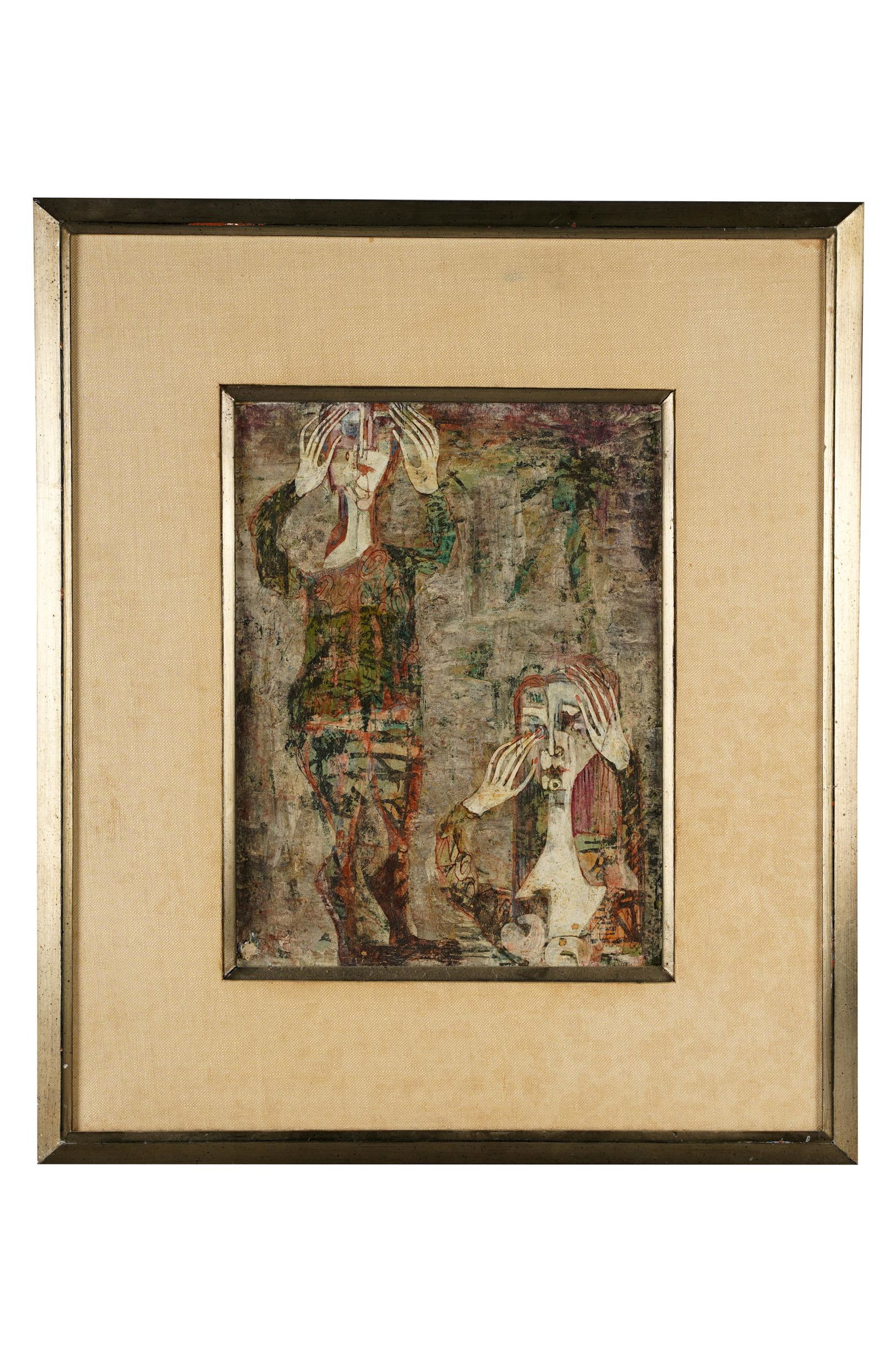 TWO FIGURES: mixed media on board, unsigned Provenance: The Estate of Dr. Leon and Arlene Harris, 100% of proceeds to benefit UCLA Cotsen Institute of Archaeology Condition: slight loss lower left corner 12 x 9 in