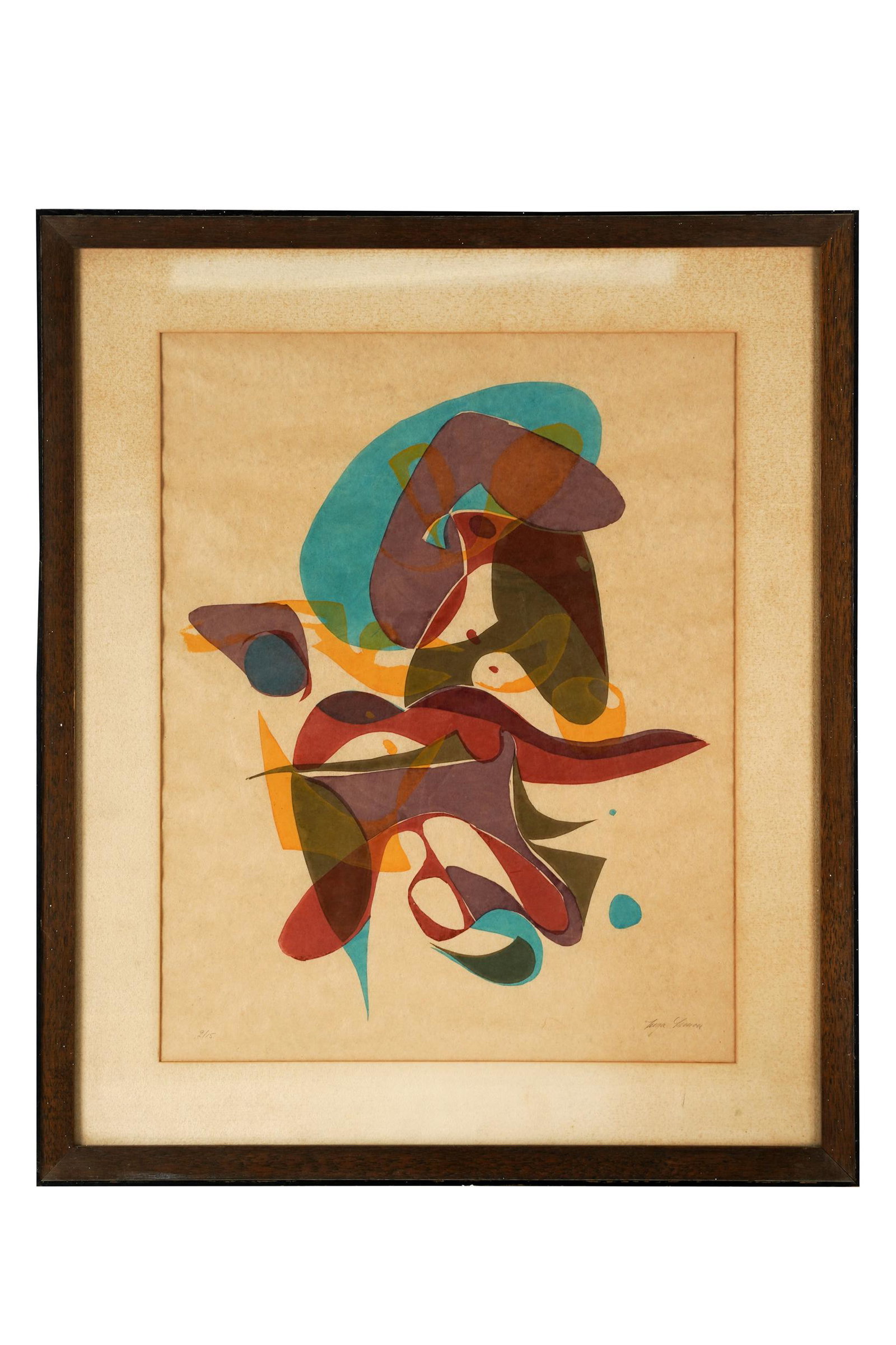 ABSTRACT: lithograph, pencil signed illegible lower right & numbered 2/15 Provenance: The Estate of Dr. Leon and Arlene Harris, 100% of proceeds to benefit UCLA Cotsen Institute of Archaeology Condition: burnin
