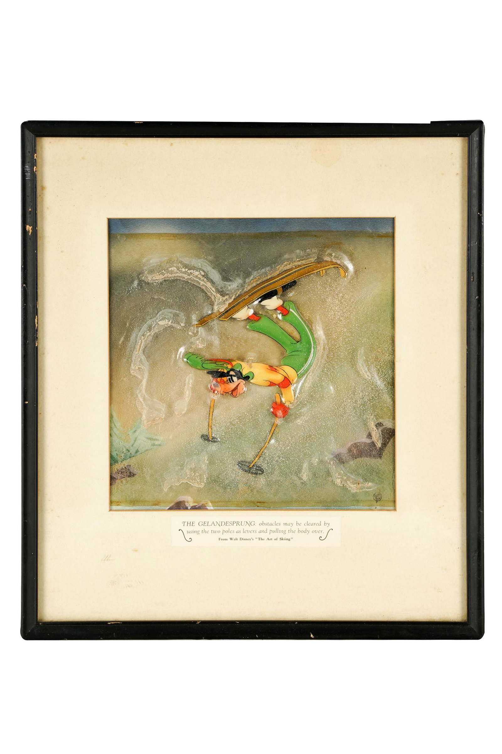 THE ART OF SKIING: painting on celluloid, stamped lower right Provenance: Provenance: The Estate of Stephen W. Royce Sr., Condition: bubbling and slight residue under glass 8 3/4 inches square; 15 1/2 x 14 inches framed