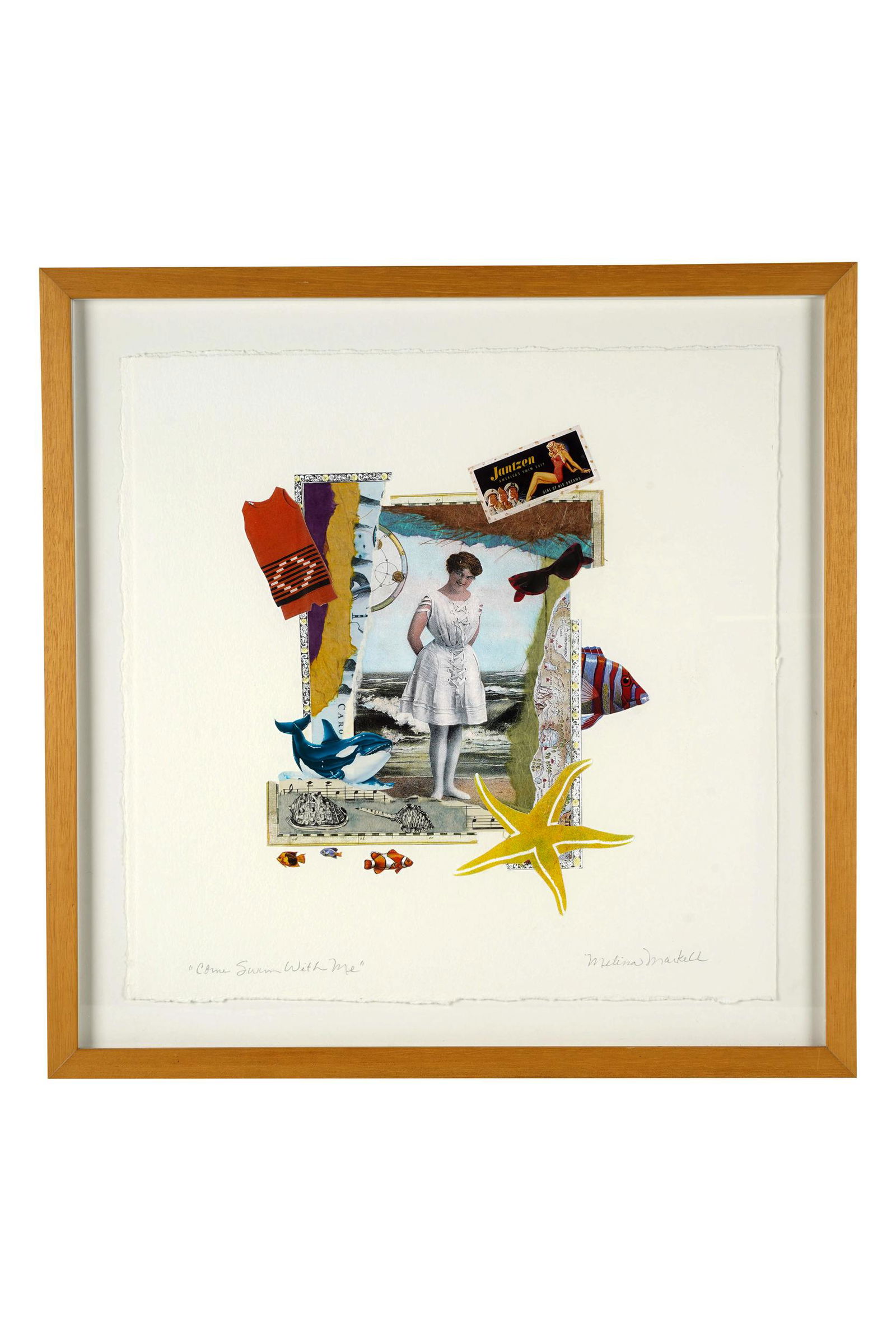 MELISSA MARKELL (20TH CENTURY): "COME SWIM WITH ME": collage Provenance: with label verso from Art Rental & Sales Gallery LACMA 15 x 15 inches paper; 18 3/4 x 18 3/4 inches framed
