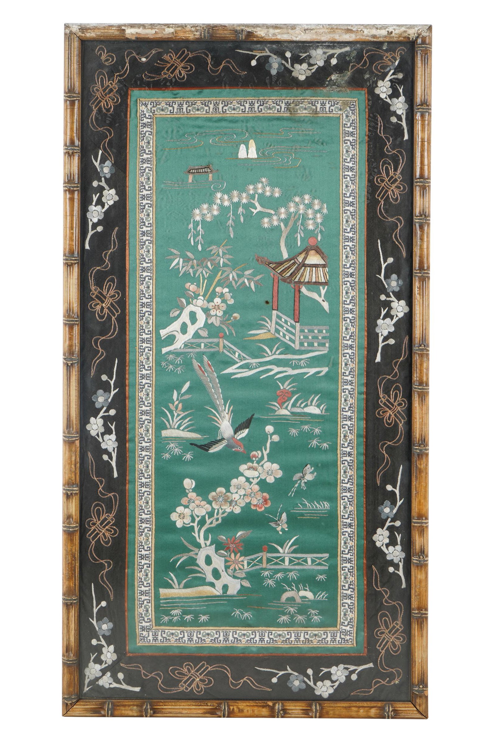 CHINESE FRAMED EMBROIDERY: set in bamboo frame Condition: with loss to top of frame 27 x 14 1/4 inches framed