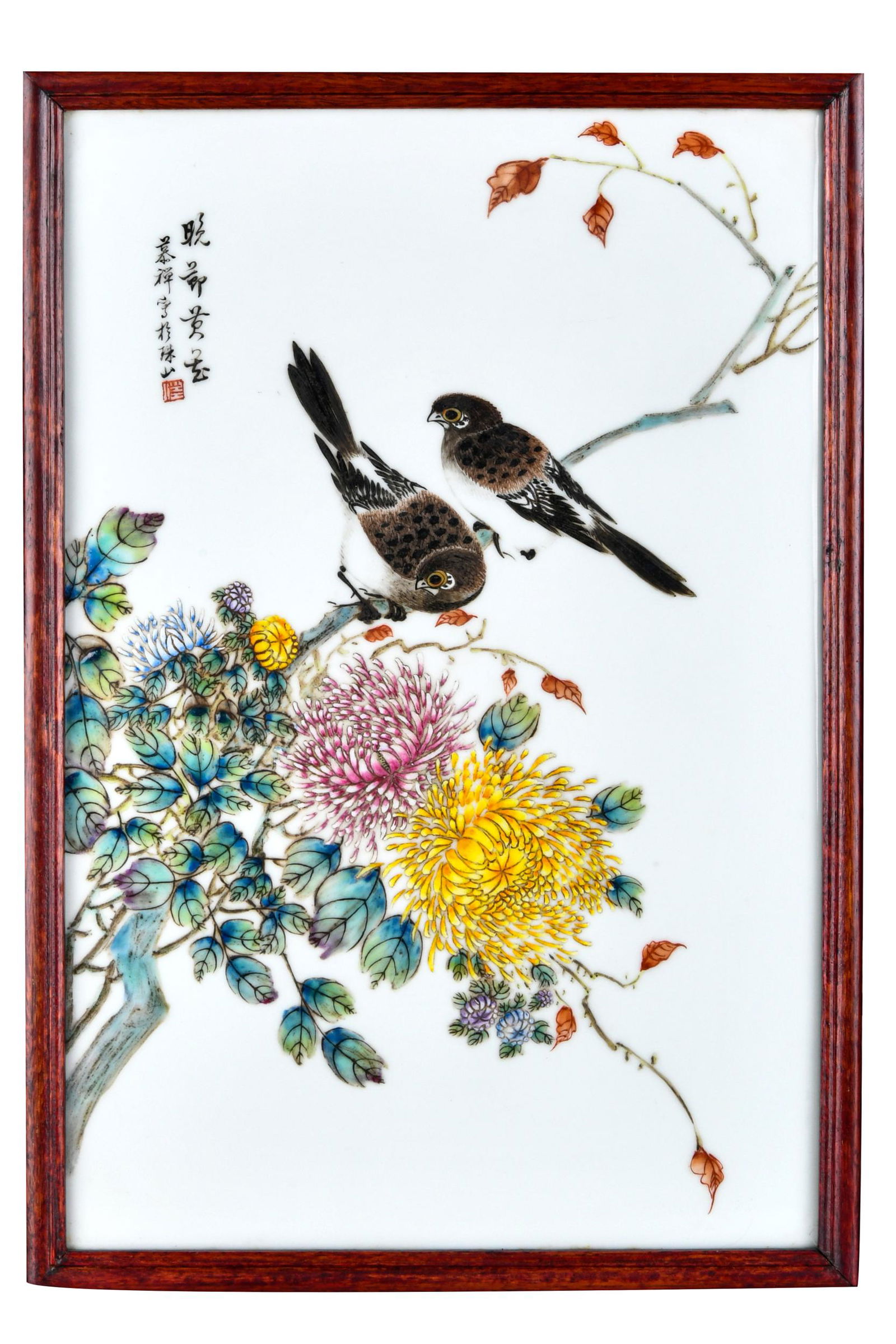 CHINESE PORCELAIN BIRDS & FLOWERS PLAQUE (1 of 8)