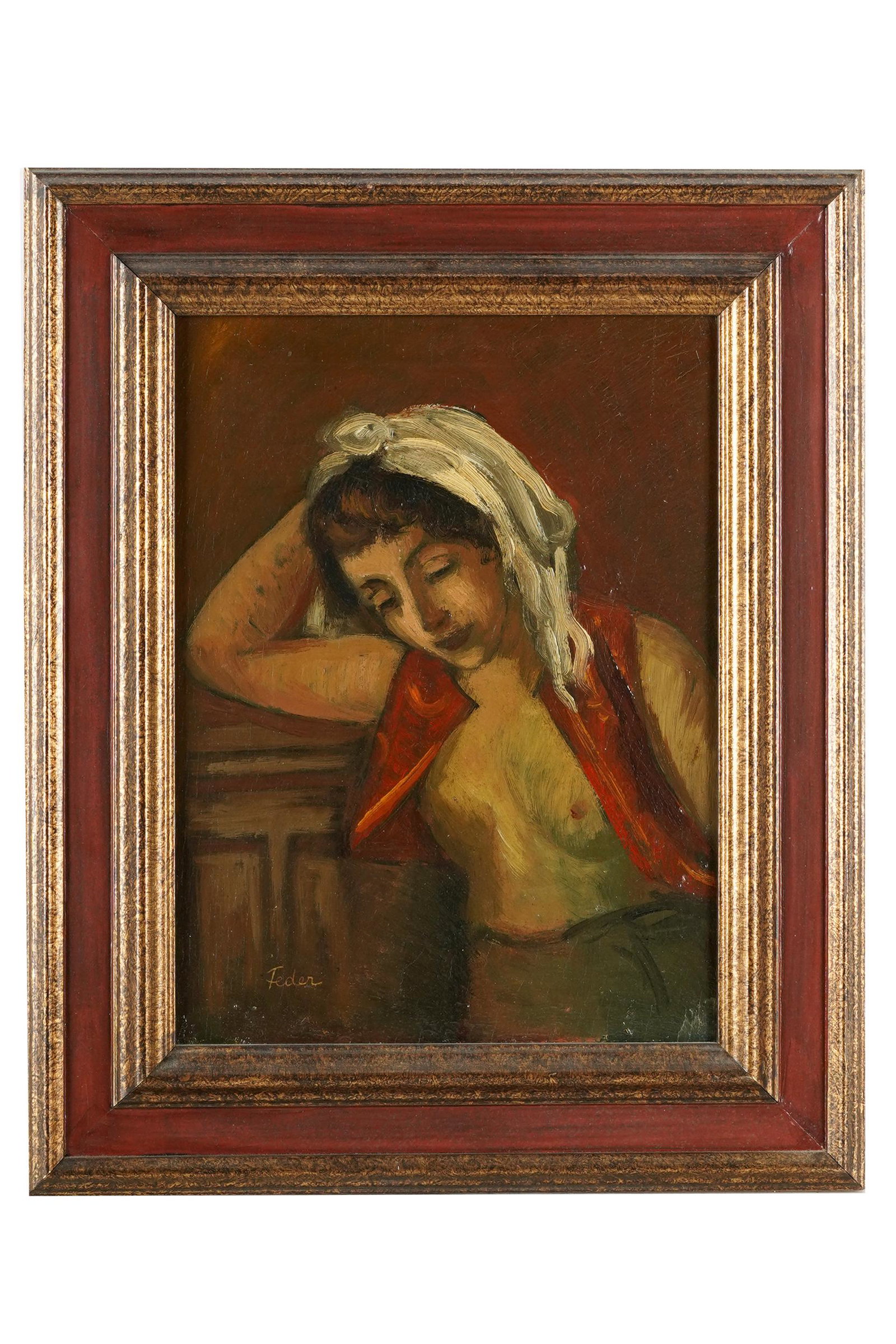 ADOLPHE FEDER (1886-1943): "PORTRAIT OF A FEMALE NUDE": Adolphe Aizik Feder (Ukrainian, 1886-1943) [alternate spelling Adolf Feder]: "Portrait of a Female Nude"; oil on board, signed lower left sight size: 9 3/4 x 7 1/4 inches; overall as framed: 13 3/4 x 