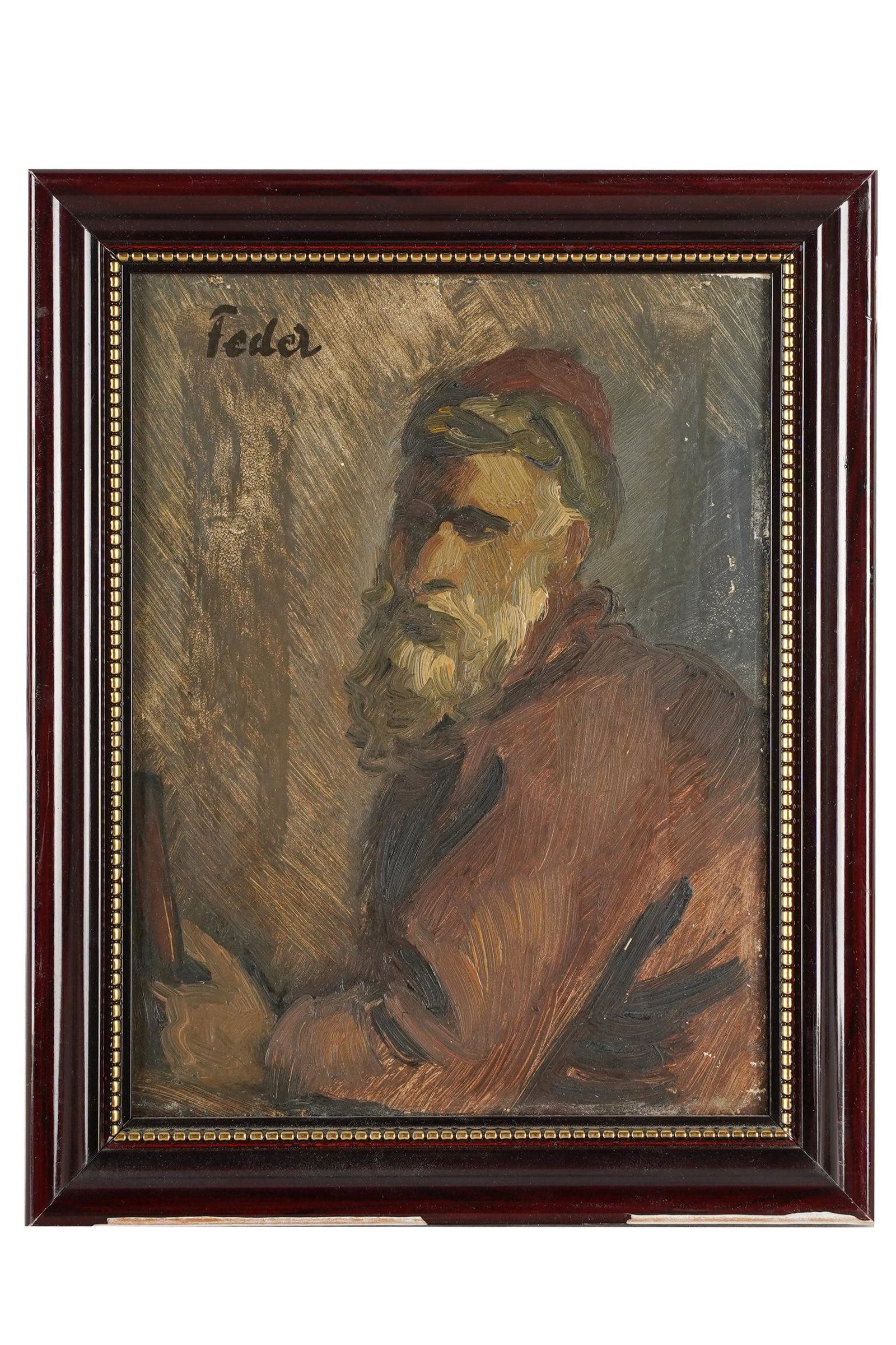 ADOLPHE FEDER (1886-1943): "PORTRAIT OF A MAN": Adolphe Aizik Feder (Ukrainian, 1886-1943) [alternate spelling Adolf Feder]: "Portrait of a Man" (possibly a rabbi) oil on board. Signed (upper left). Sight size, 6 3/4 by 5 1/8 inches; overall as fra