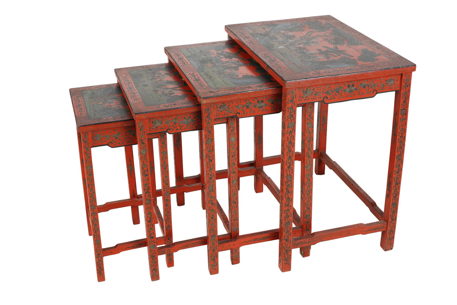 NEST OF LACQUERED CHINESE TABLES: comprising of four tables Condition: some loss to edges around top; some repairs to fill and wood at legs and aprons largest: 23 inches wide; 16 inches deep; 26 inches high