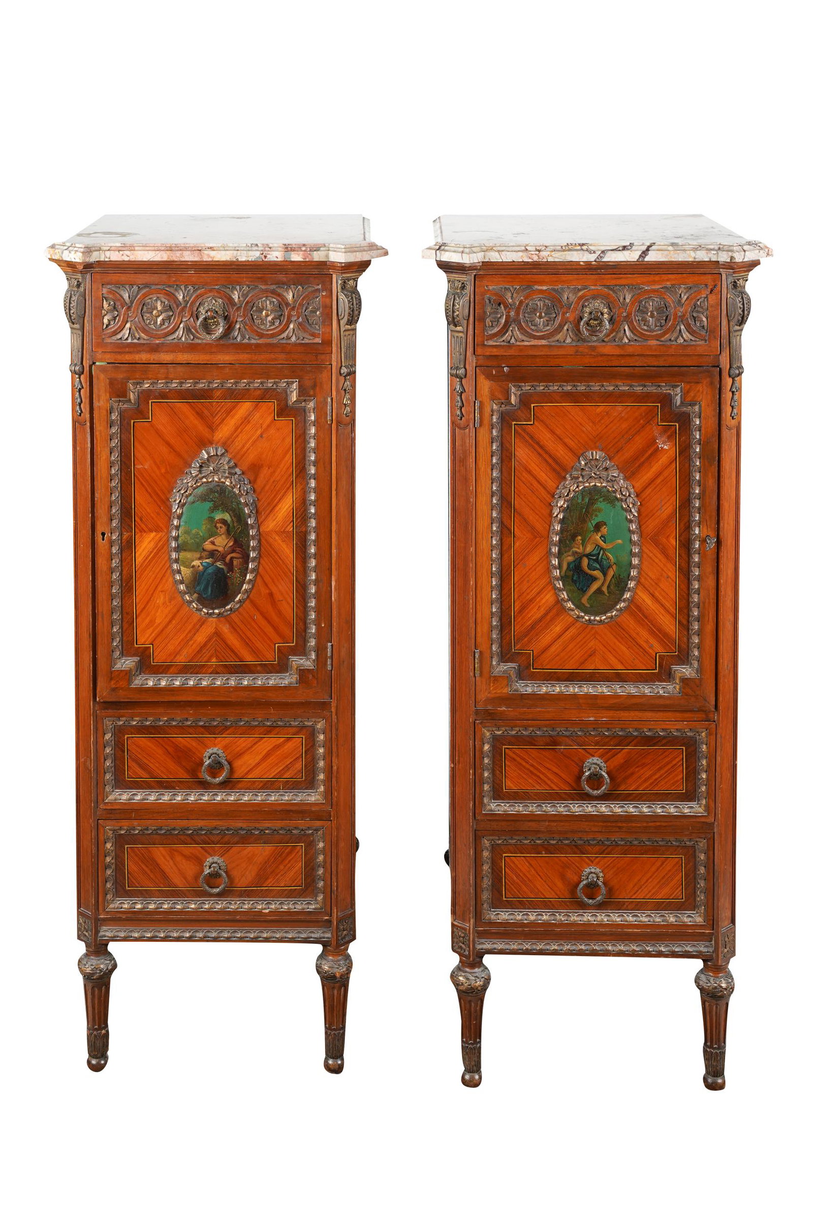 PAIR OF NARROW FRENCH MARBLE TOP CABINETS (1 of 11)