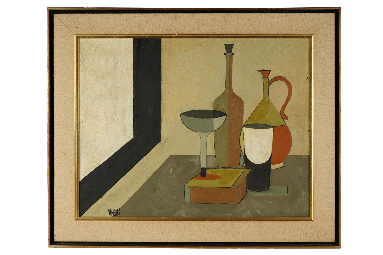 MINETTI: STILL LIFE: oil on panel, signed lower left Provenance: The Estate of Dr. Leon and Arlene Harris, 100% of proceeds to benefit UCLA Cotsen Institute of Archaeology 20 x 24 inches; 24 x 29 1/2 inches framed