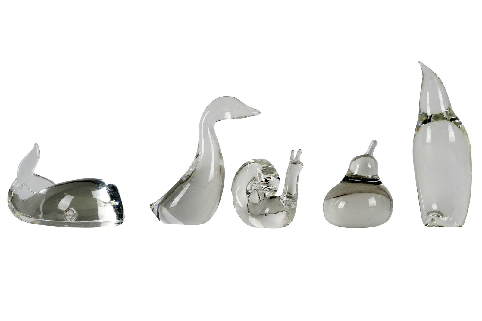 FIVE STEUBEN DESK PIECES: comprising: a whale, a snail, a penguin, a duck and a pear, each piece signed penguin: 6 1/4 inches high