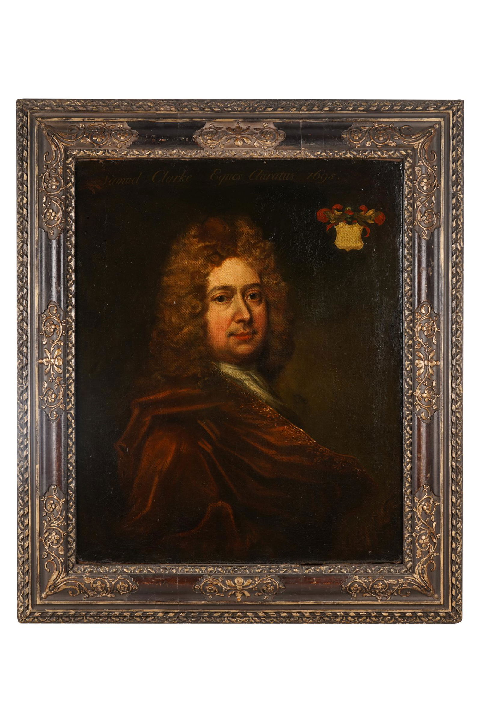 PORTRAIT OF A SAMUEL CLARKE: the subject identified and dated '1695' at top margin oil on canvas laid down on canvas 30 x 24 inches; 38 x 32 1/2 inches framed