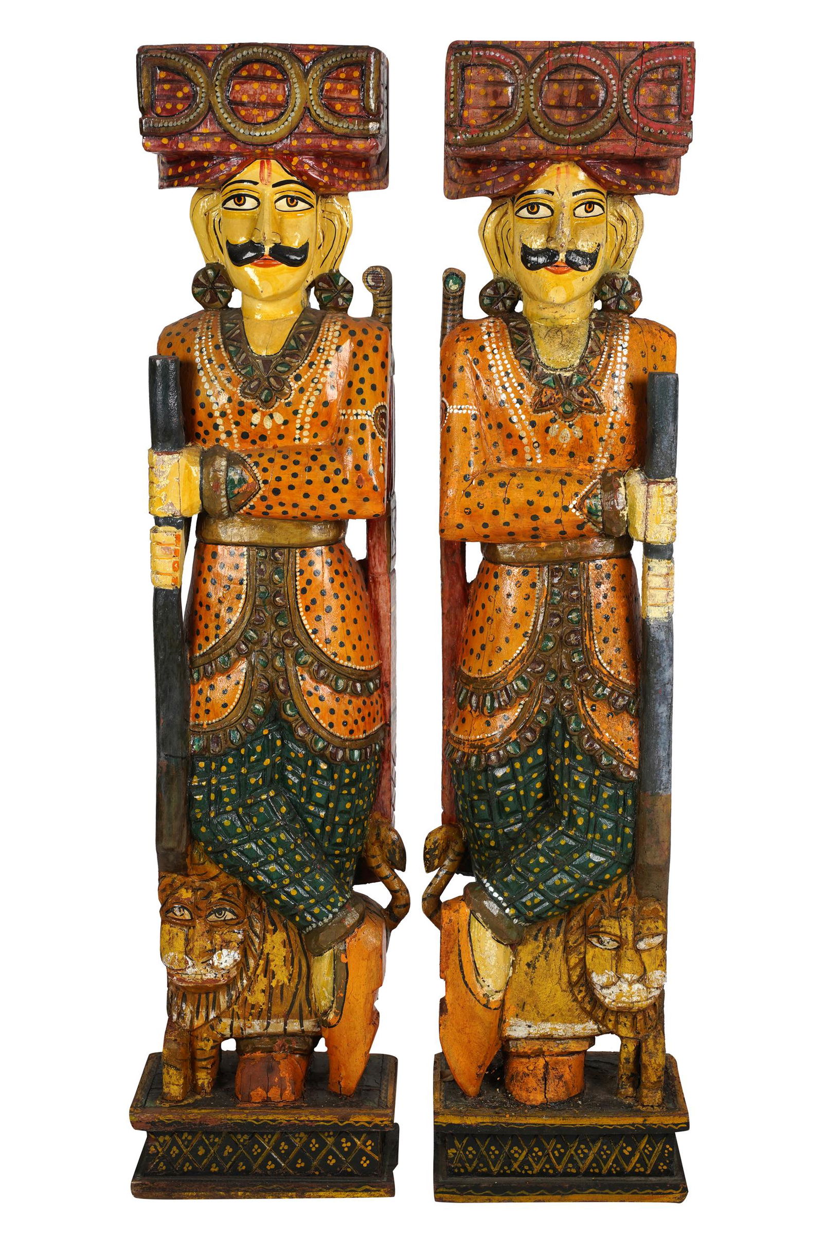 PAIR OF INDIAN CARVED & POLYCHROME STANDING FIGURES (1 of 15)