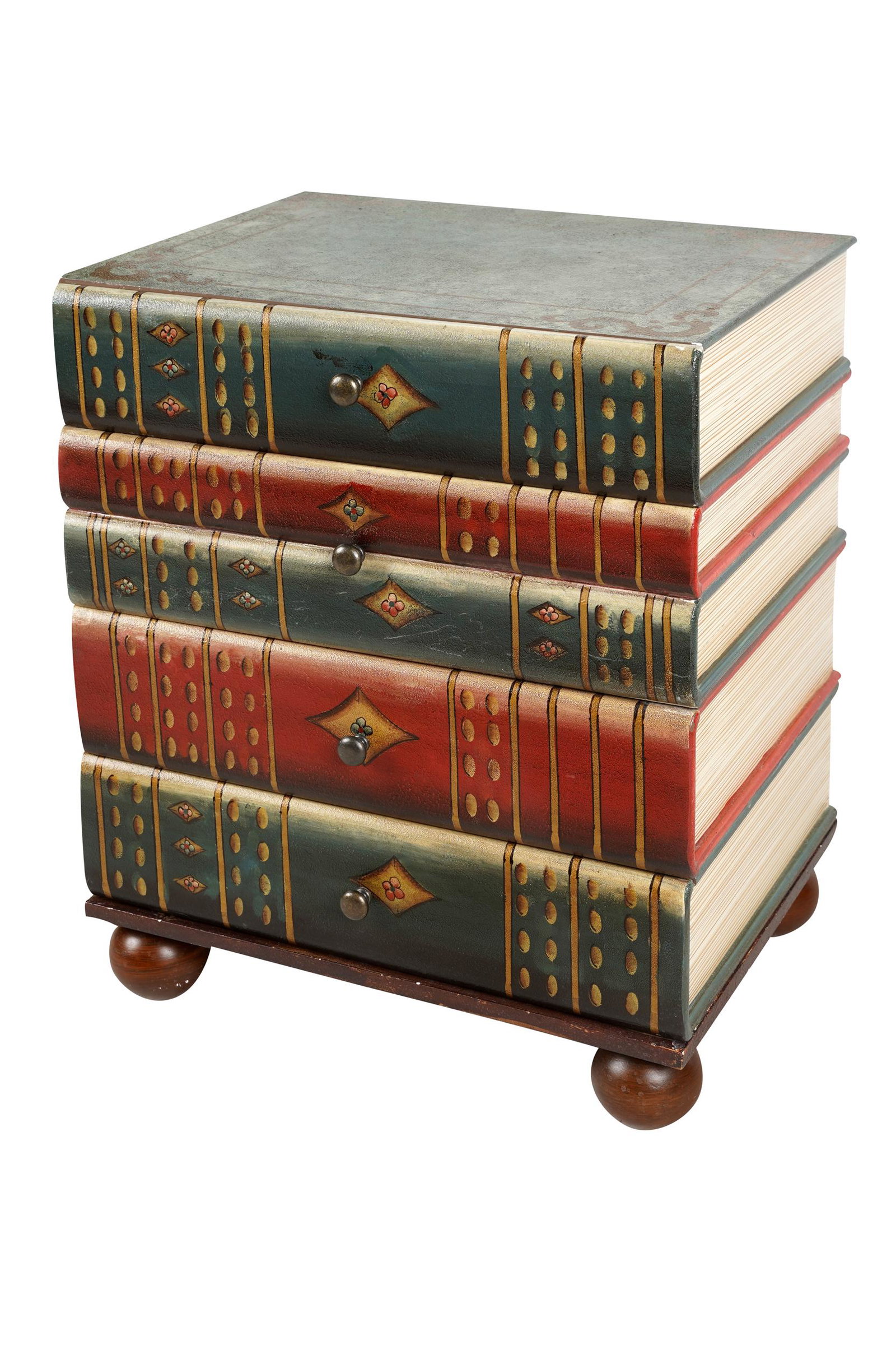 FAUX-BOOK COMMODE: with four graduated drawers 21 inches wide; 16 inches deep; 25 inches high