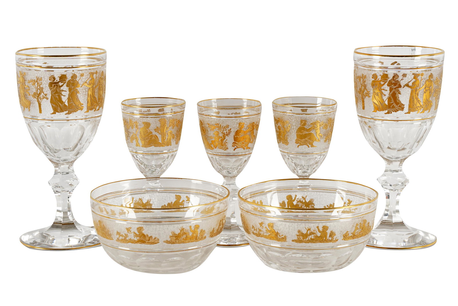 LOT OF GILT DECORATED CRYSTAL STEMWARE: comprising: 12 wine goblets (6 3/4 inches high), 17 liquor stems (5 inches high), 5 highball glasses (5 1/4 inches high) and 11 finger bowls (2 1/2 inches high)