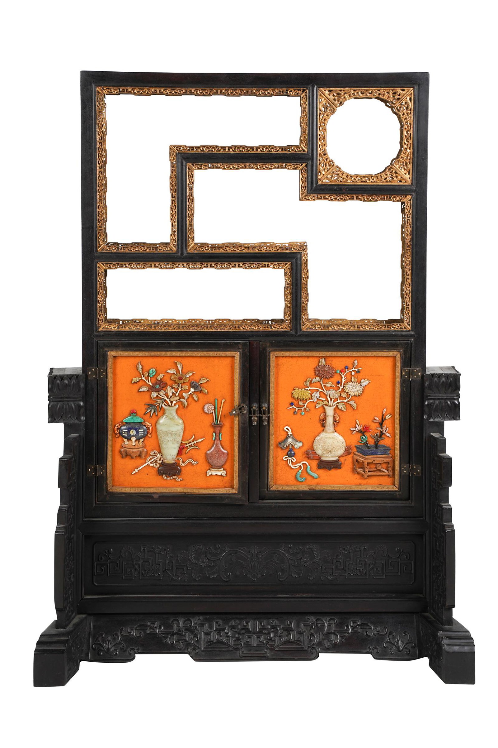 CHINESE WOOD CARVED & STONE INLAID TABLE SCREEN ON (1 of 11)