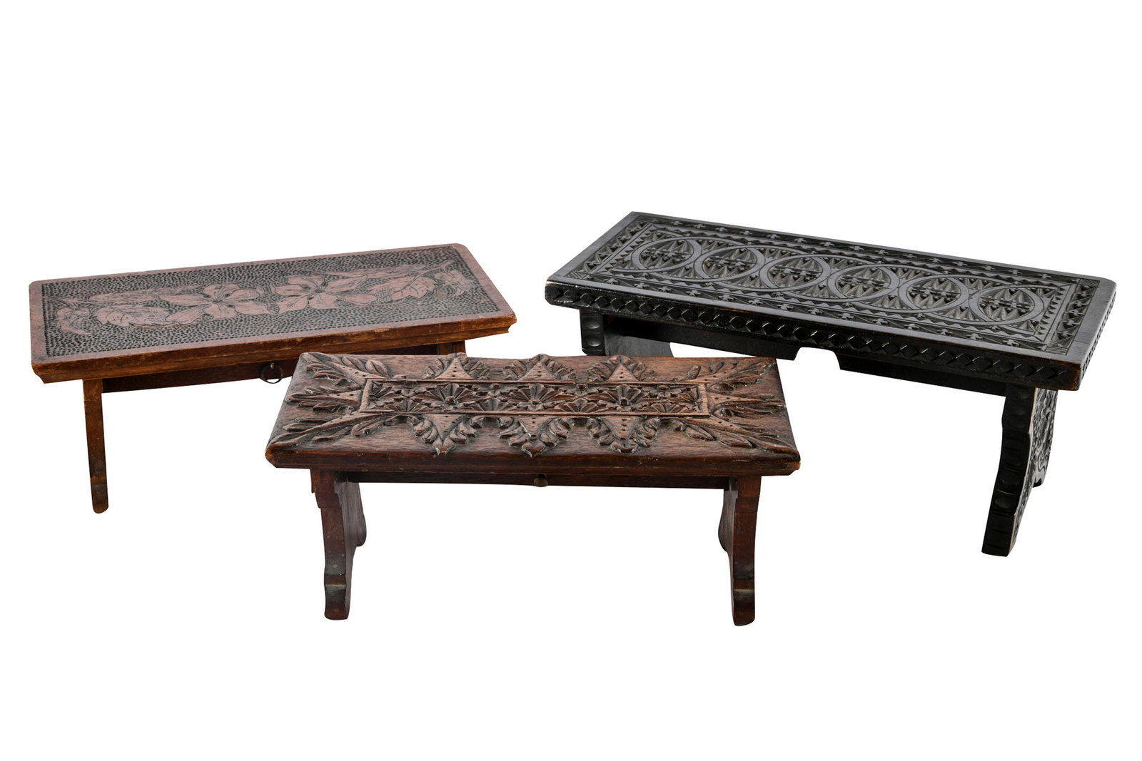 THREE RENAISSANCE REVIVAL SALESMAN SAMPLES: each converting to a table Condition: slight nicks and chips to edges the largest: 12 1/4 inches wide; smallest: 11 inches wide