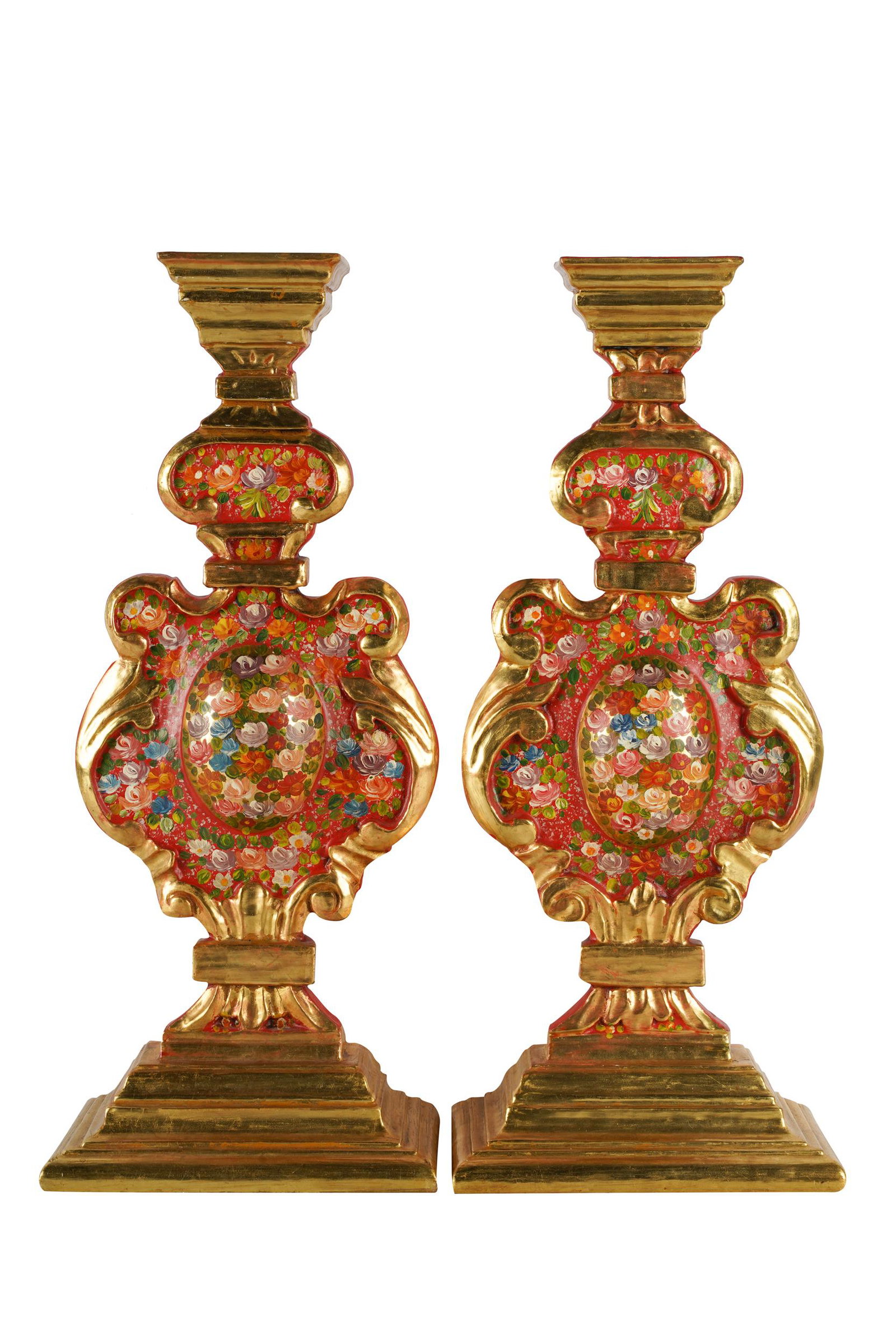 PAIR OF GILT CARVED & POLYCHROME WOOD CANDLE STANDS (1 of 9)